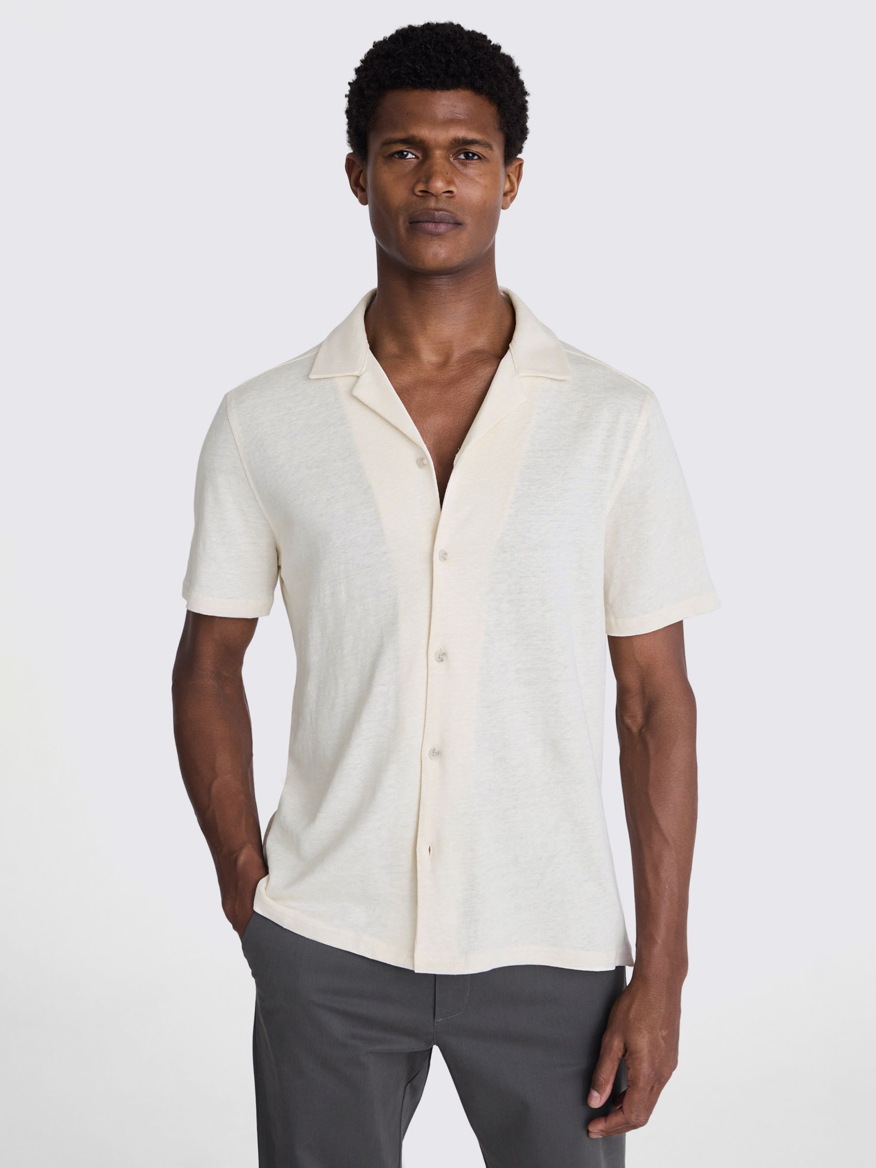 Moss Linen Blend Knitted Cuban Collar Shirt, White, S
