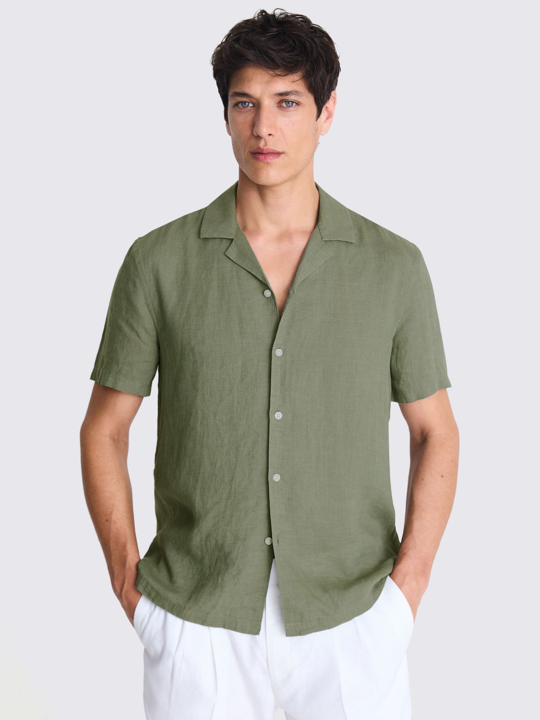 Moss Linen Cutaway Collar Shirt, Green, S