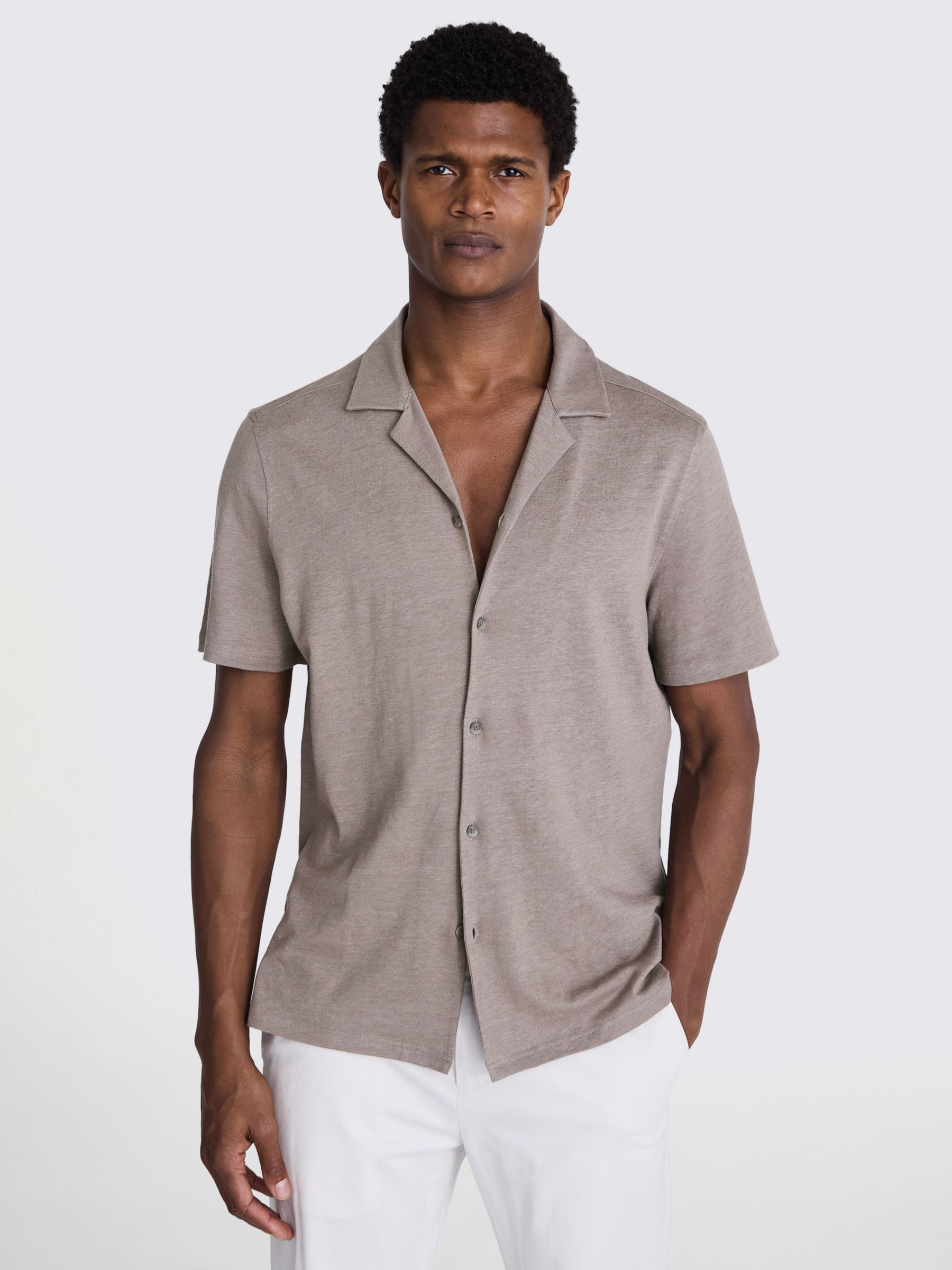 Moss Linen Blend Knitted Cuban Collar Shirt, Beige, L