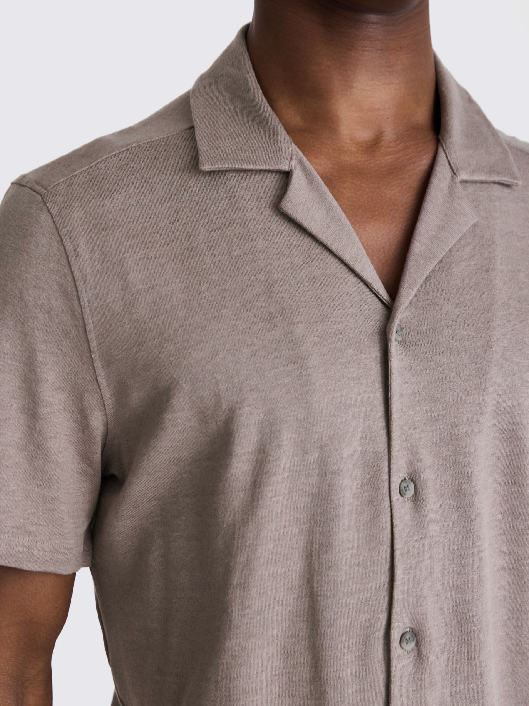 Moss Linen Blend Knitted Cuban Collar Shirt, Beige, L