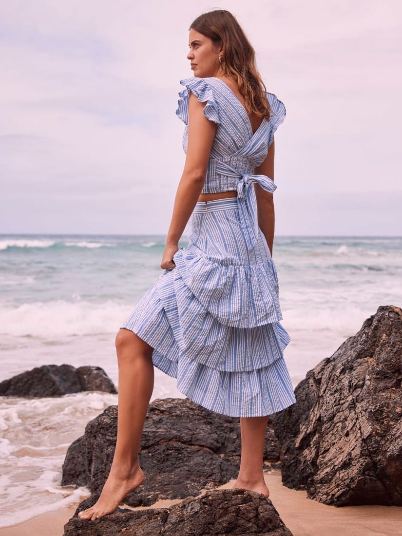 Mint Velvet Striped Cotton Tiered Midi Skirt, Blue/White, 16