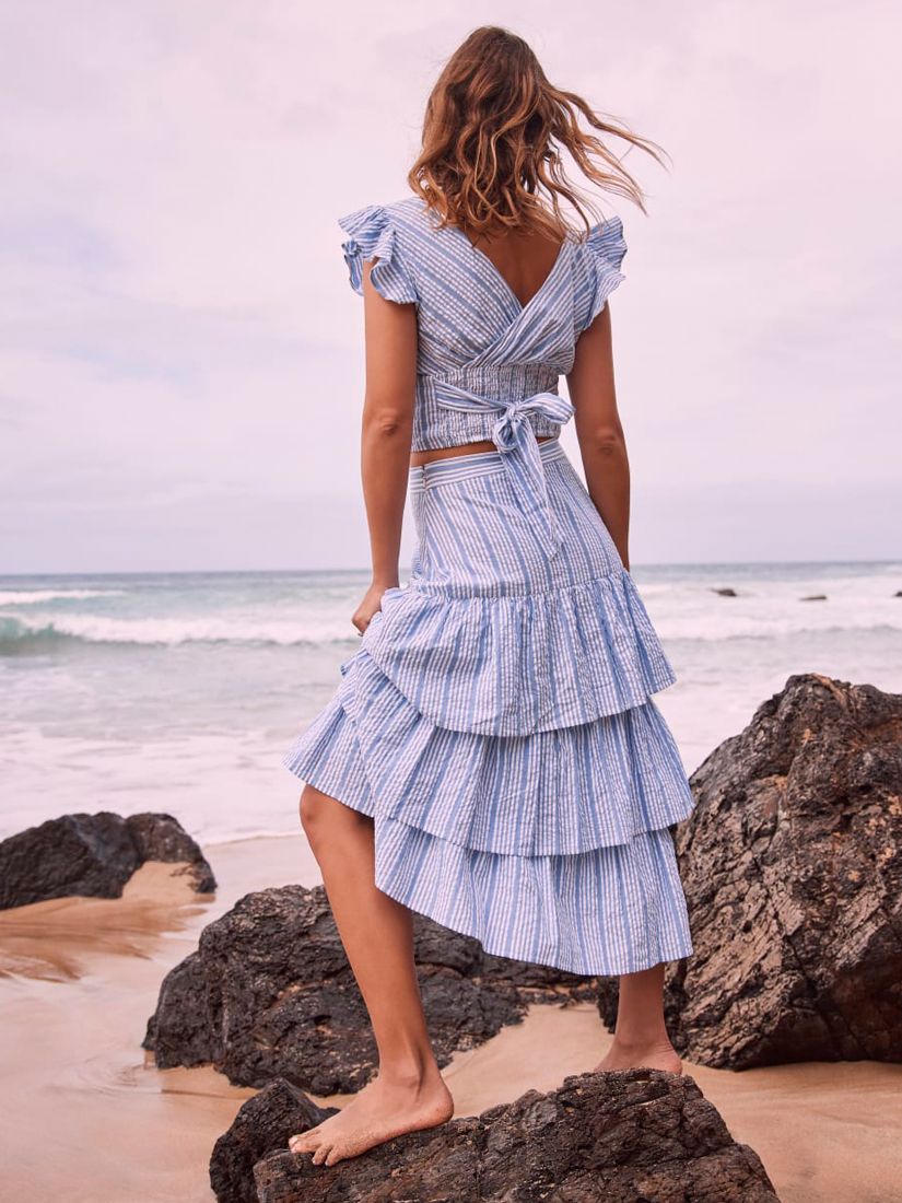 Mint Velvet Striped Cotton Tiered Midi Skirt, Blue/White, 16