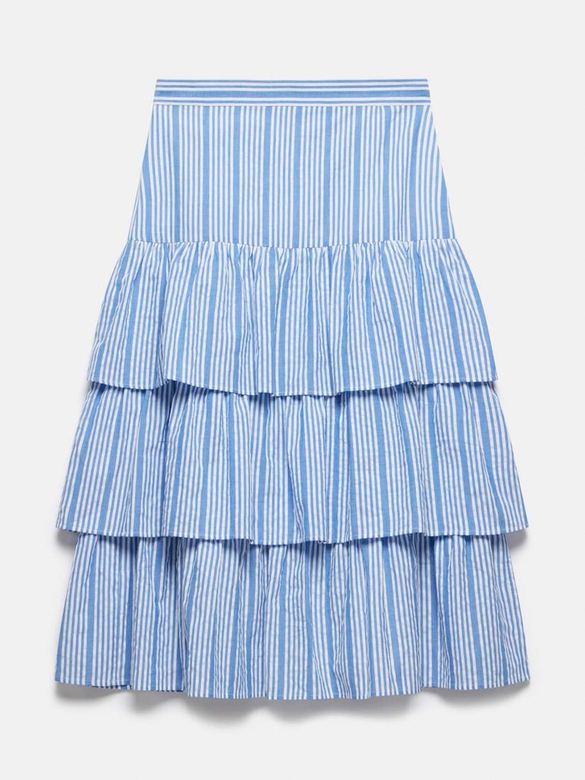 Mint Velvet Striped Cotton Tiered Midi Skirt, Blue/White, 16