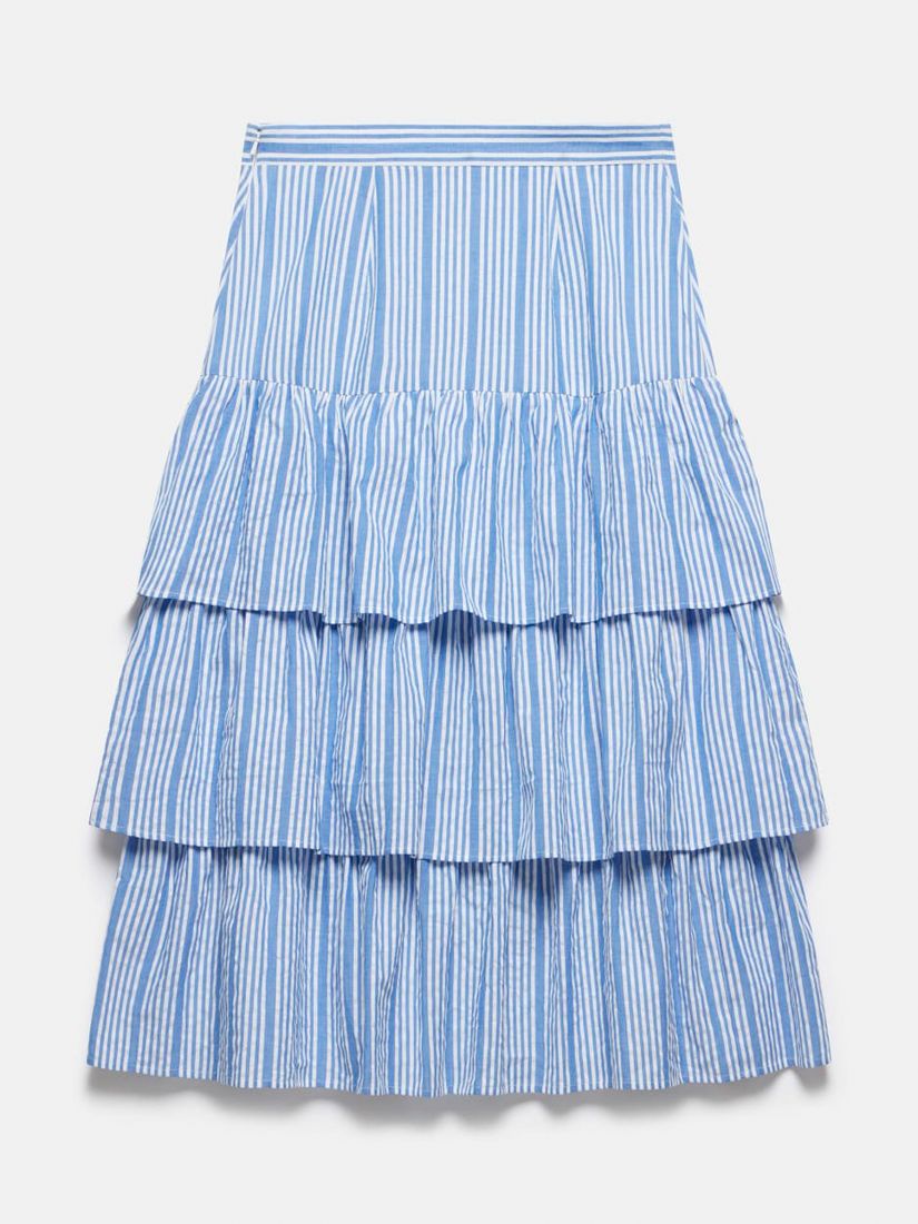 Mint Velvet Striped Cotton Tiered Midi Skirt, Blue/White, 16