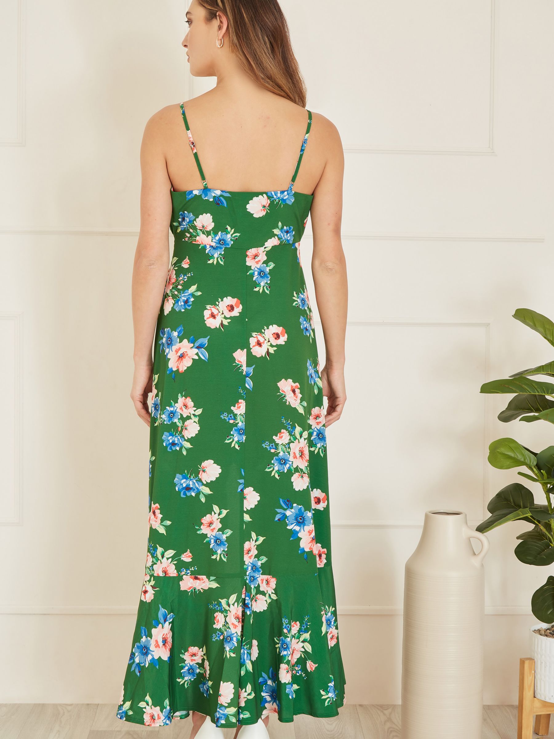 Yumi Floral Print High Low Frill Hem Midi Dress, Green/Multi, 8