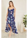 Mela London Floral High Low Frill Midi Dress, Navy/Floral