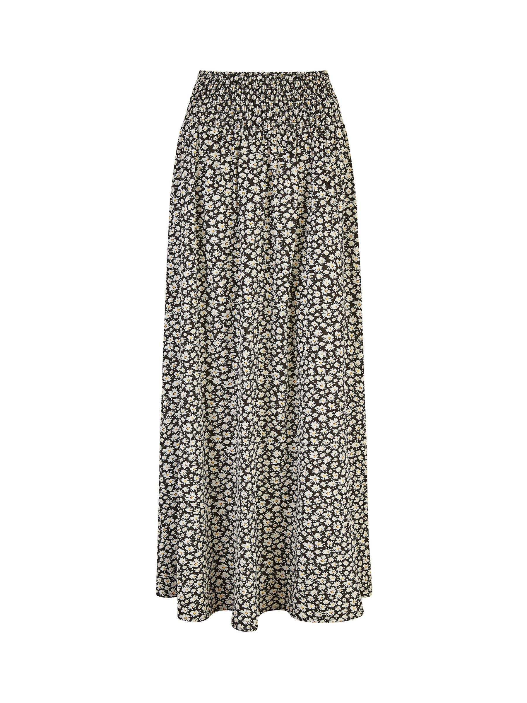 Mela London Daisy Ruched Split Hem Maxi Skirt, Black/Multi, S