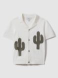 Reiss Kids' Takla Knitted Cactus Cuban Collar Shirt, Ecru/Green