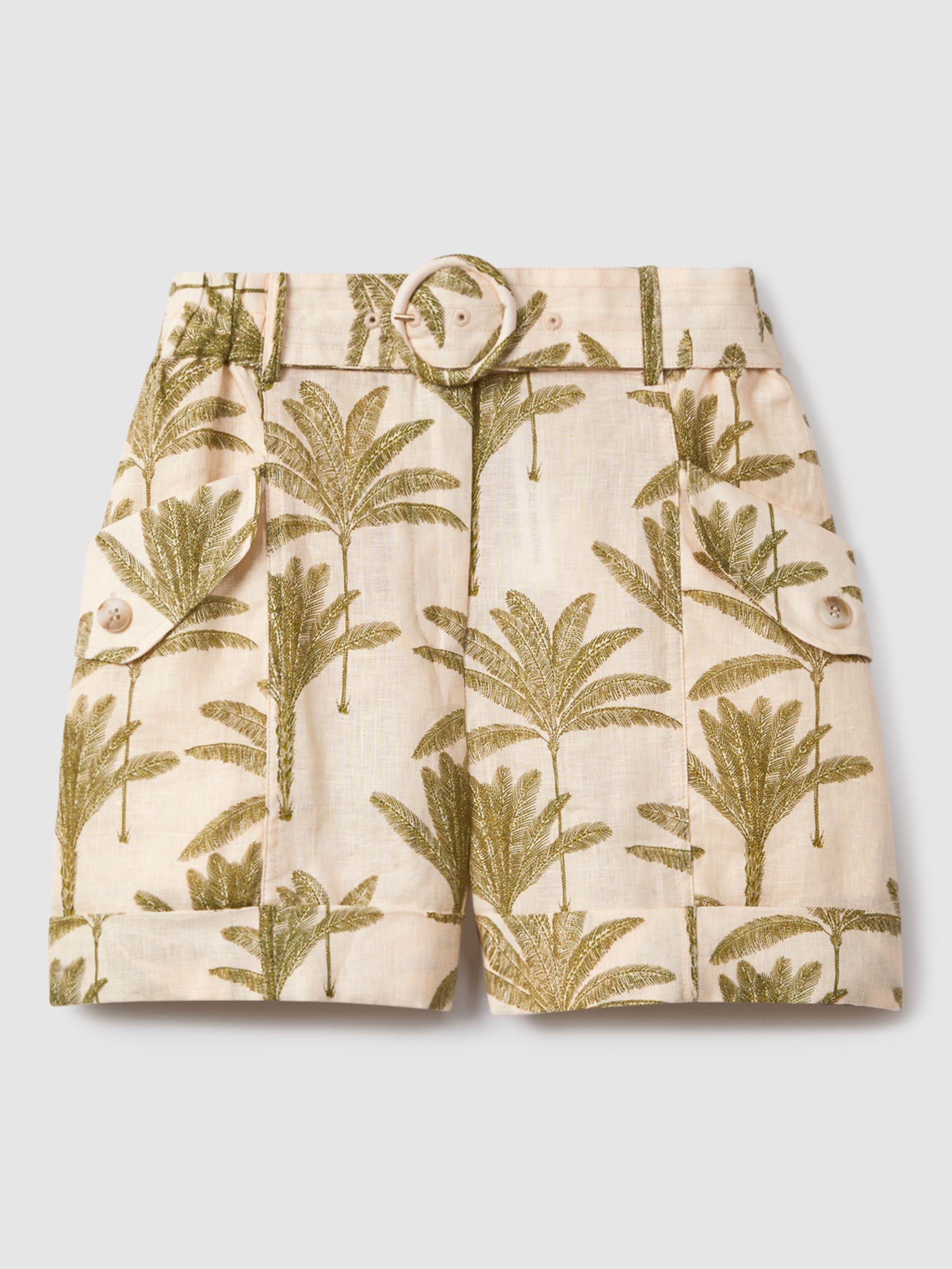 Reiss Cali Palm Print Linen Shorts, Stone/Khaki, 6