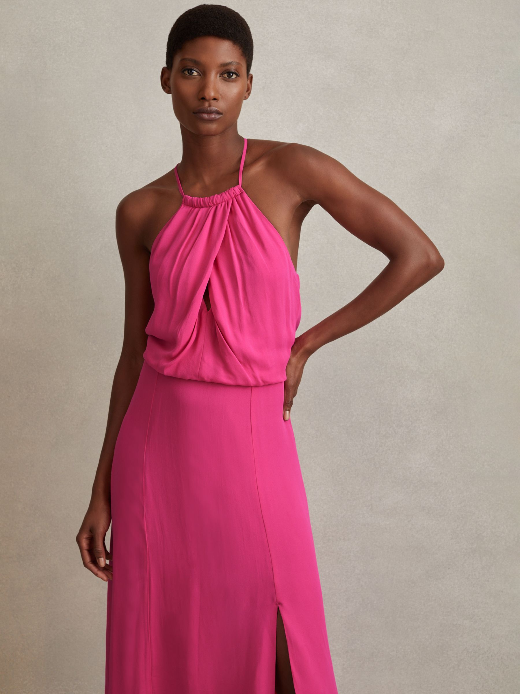 Reiss Elliana Halterneck Midi Dress, Pink, 6