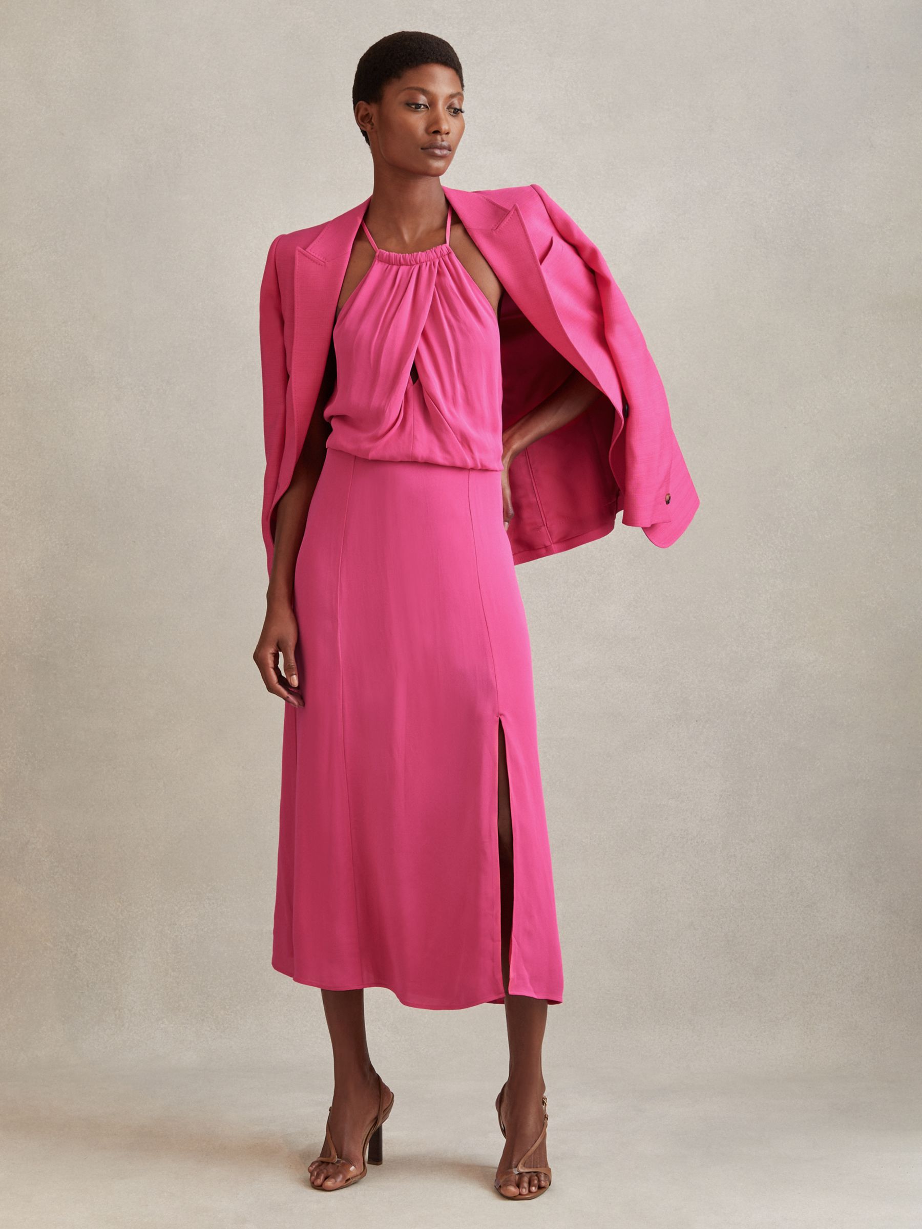 Reiss Elliana Halterneck Midi Dress, Pink, 6