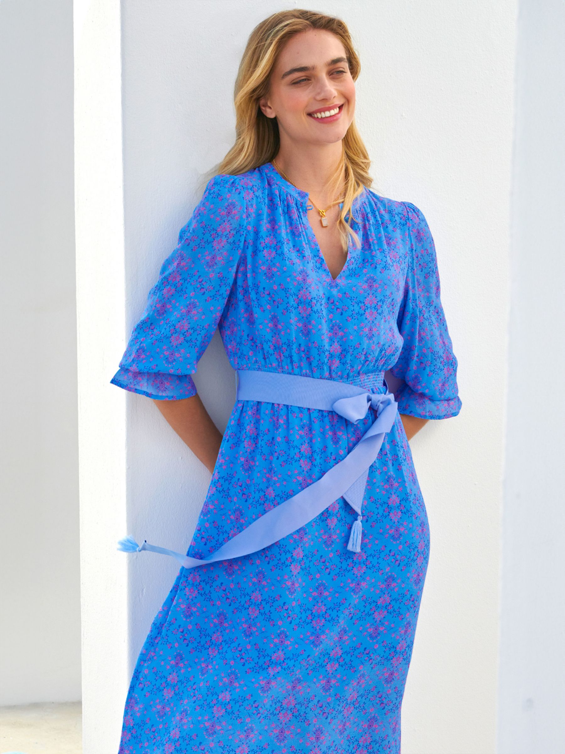 Aspiga Maeve Floral Print Contrast Belt Maxi Dress, Blue/Multi, S