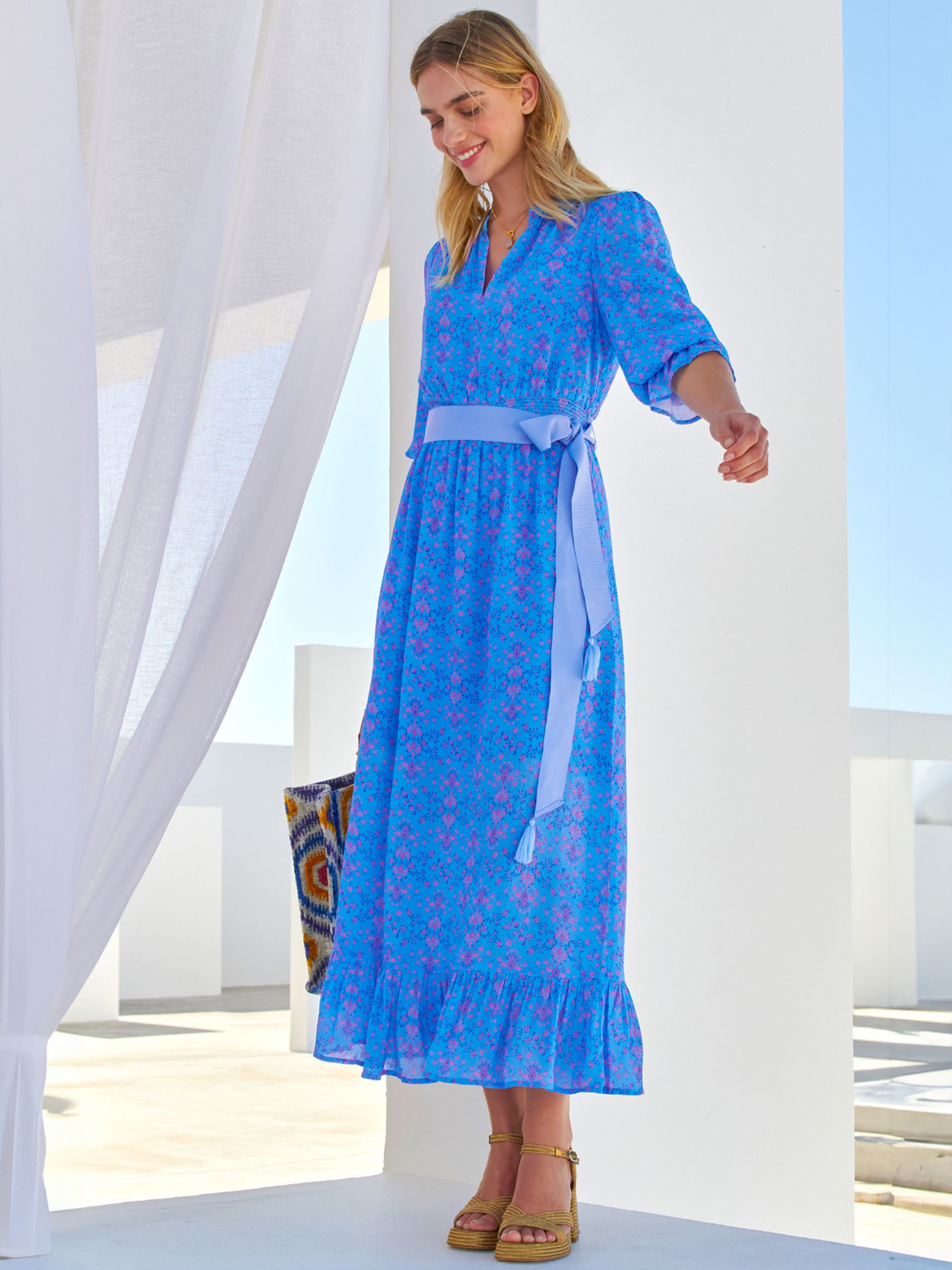 Aspiga Maeve Floral Print Contrast Belt Maxi Dress, Blue/Multi, S