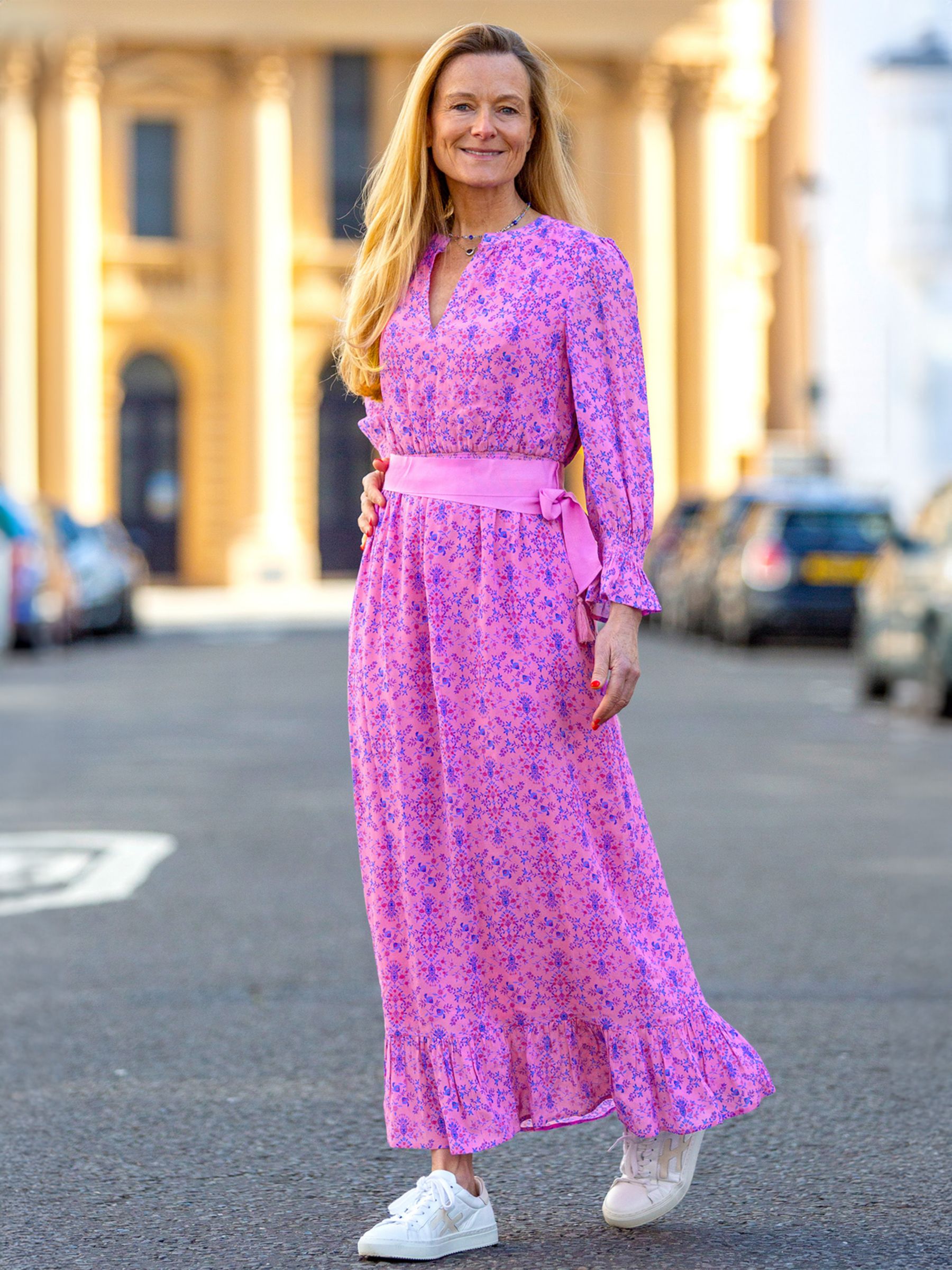 Aspiga Maeve Floral Print Contrast Belt Maxi Dress, Pink/Multi, L