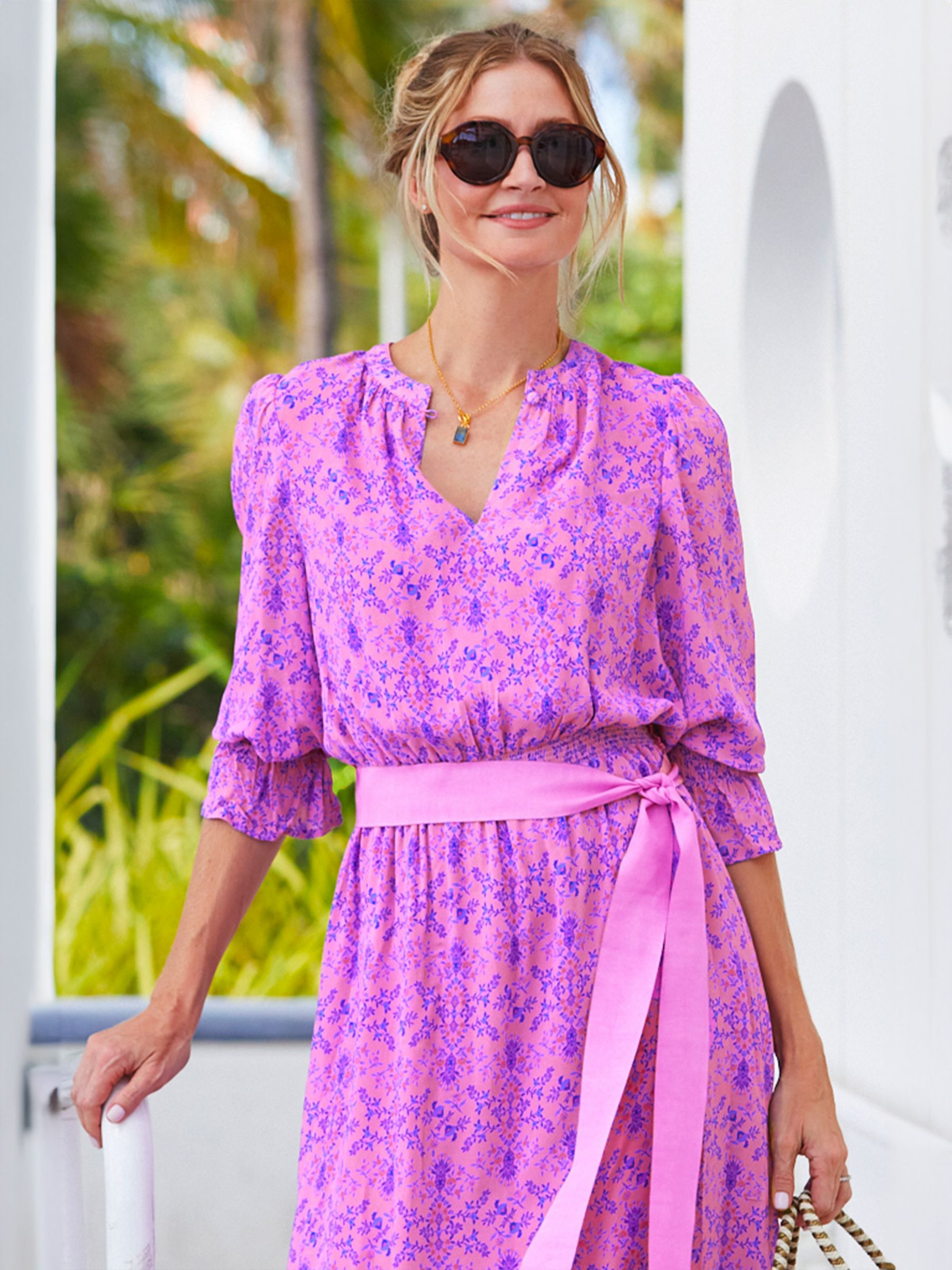 Aspiga Maeve Floral Print Contrast Belt Maxi Dress, Pink/Multi, L
