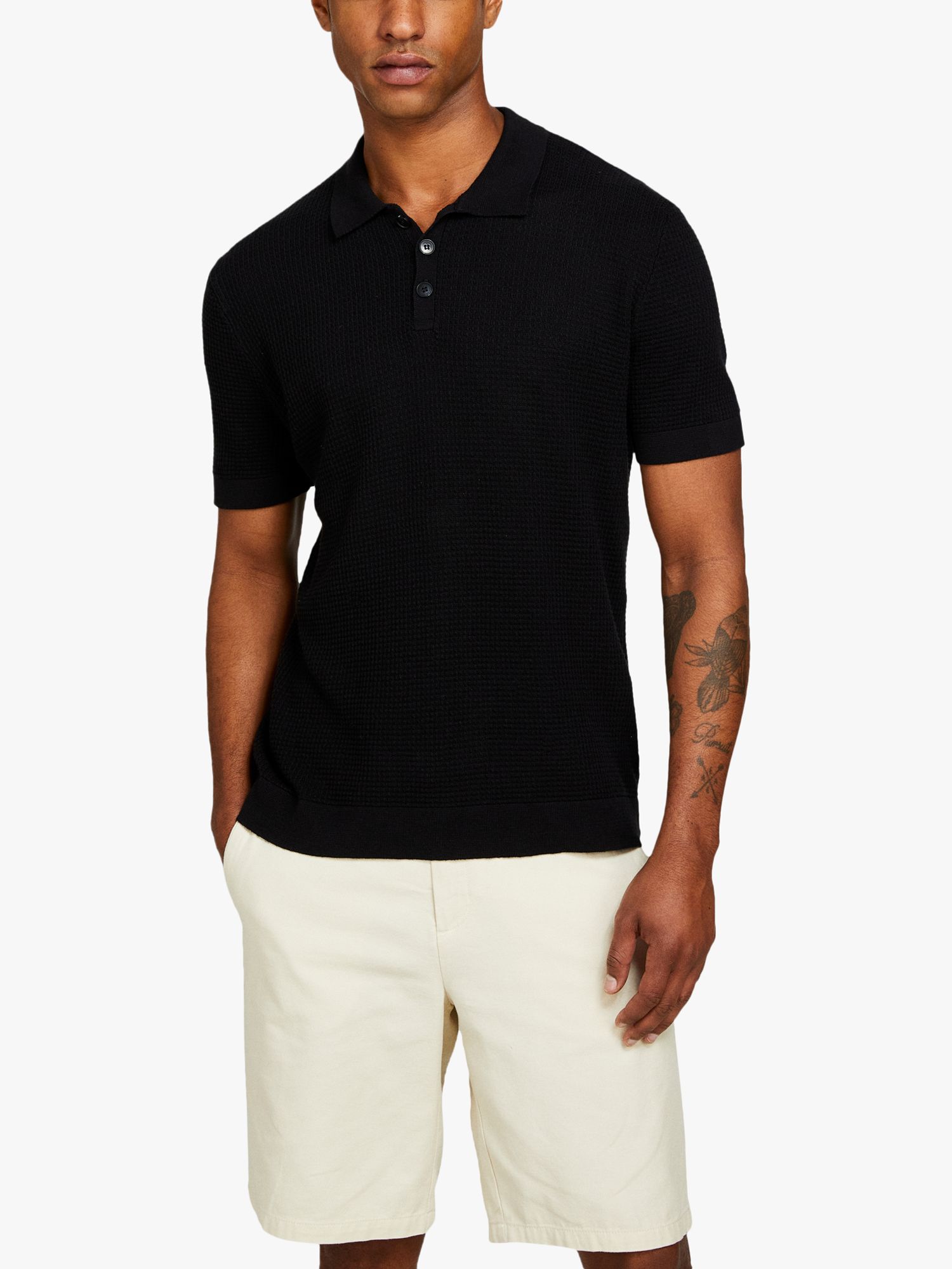 SISLEY Knitted Linen Blend Polo Shirt, Black, S