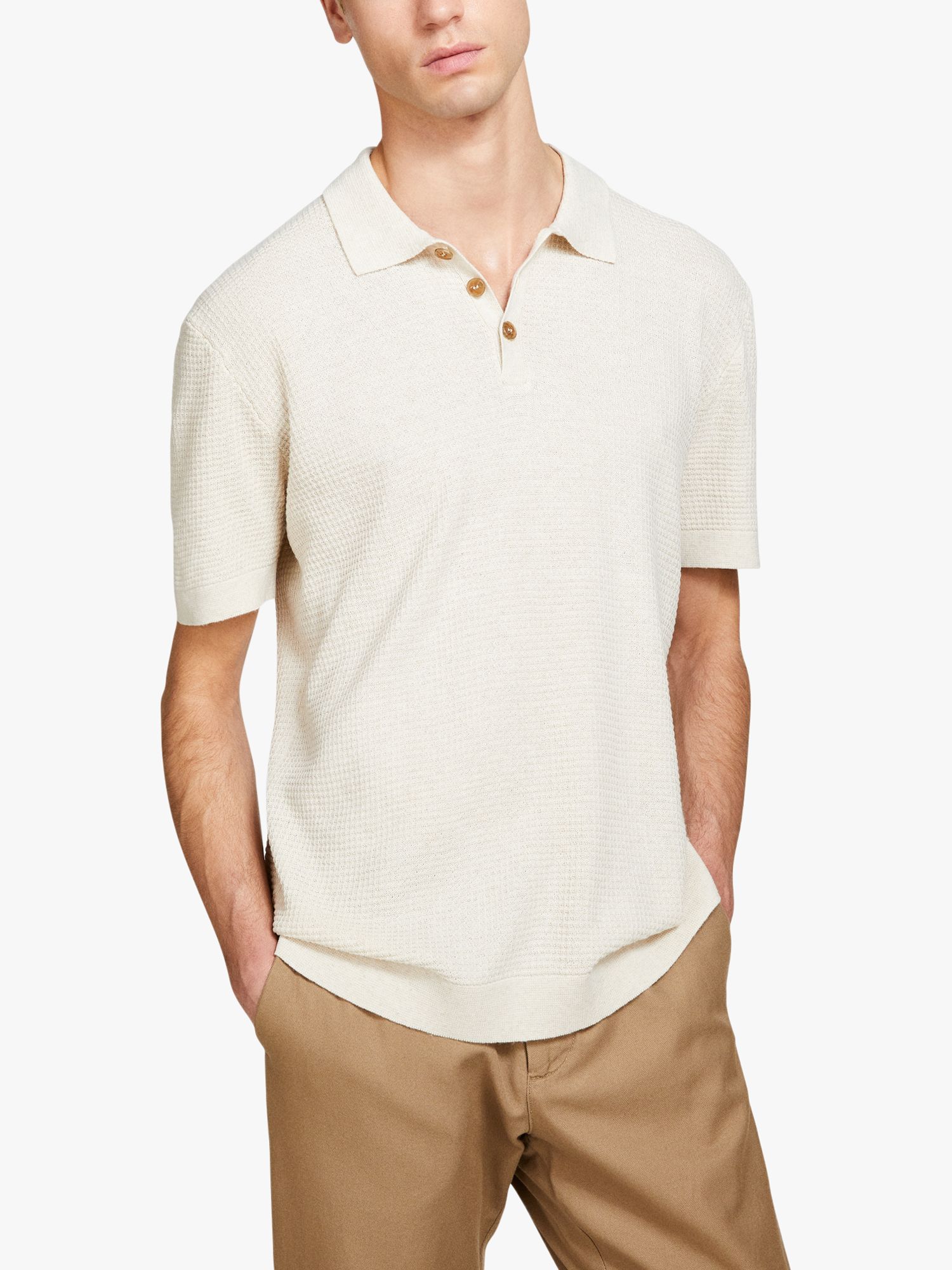 SISLEY Knitted Linen Blend Polo Shirt, White, S