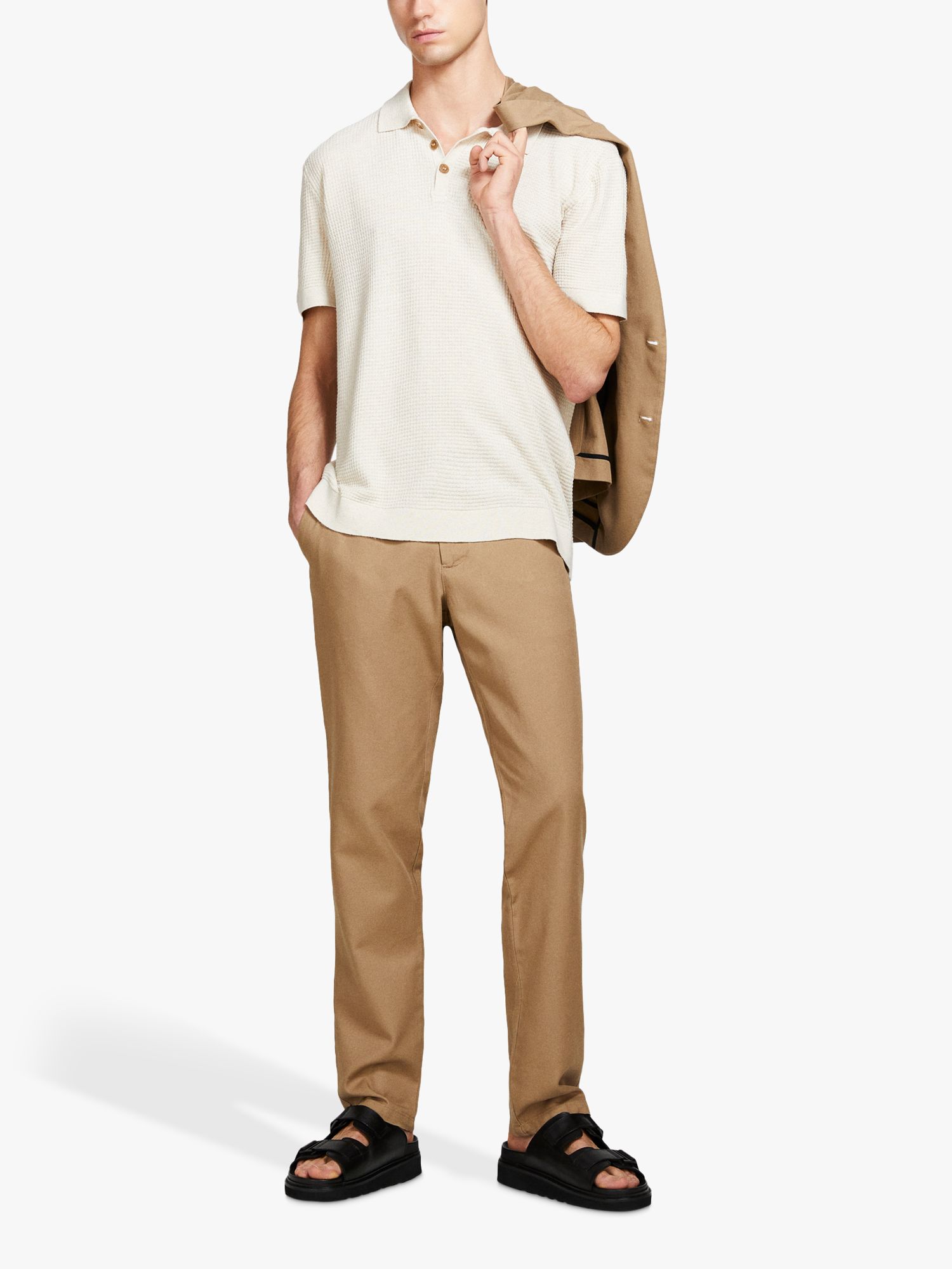 SISLEY Knitted Linen Blend Polo Shirt, White, S