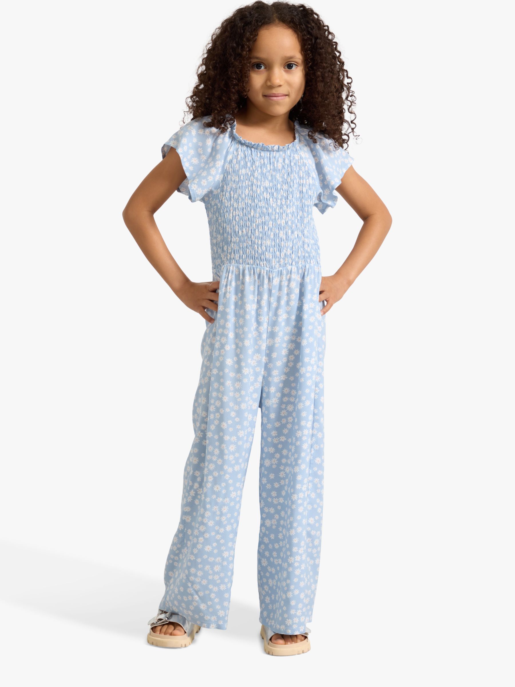 Lindex Kids' Floral Print Smock Jumpsuit, Light Blue, 7-8 years