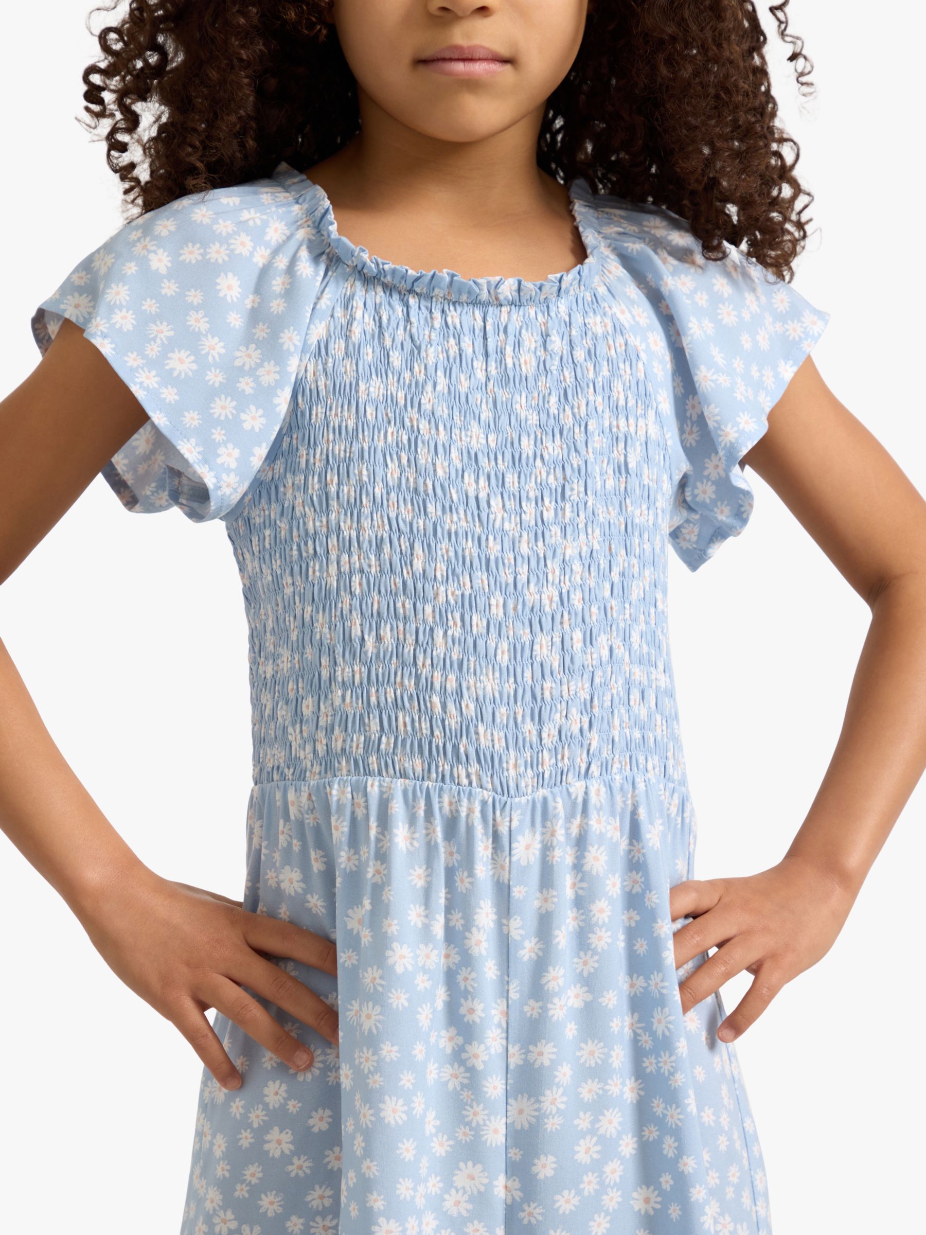 Lindex Kids' Floral Print Smock Jumpsuit, Light Blue, 7-8 years