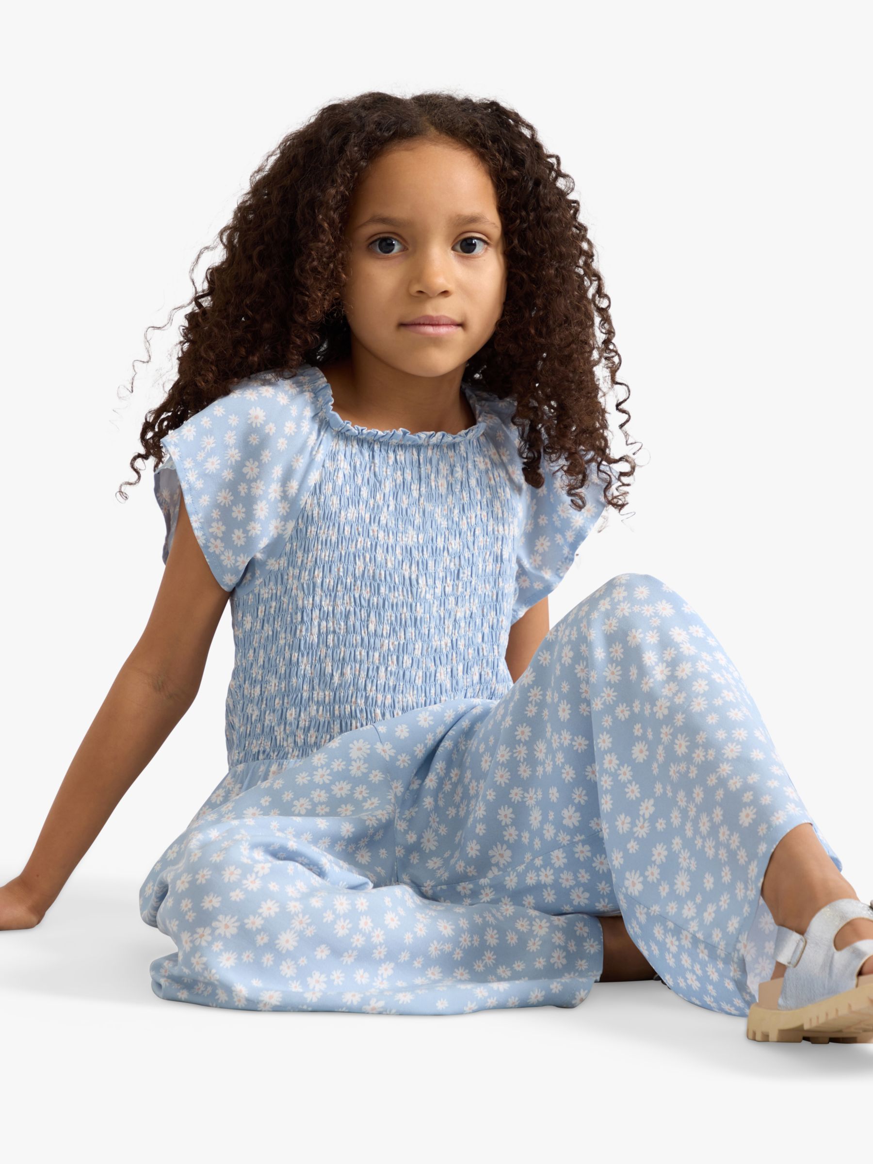 Lindex Kids' Floral Print Smock Jumpsuit, Light Blue, 7-8 years