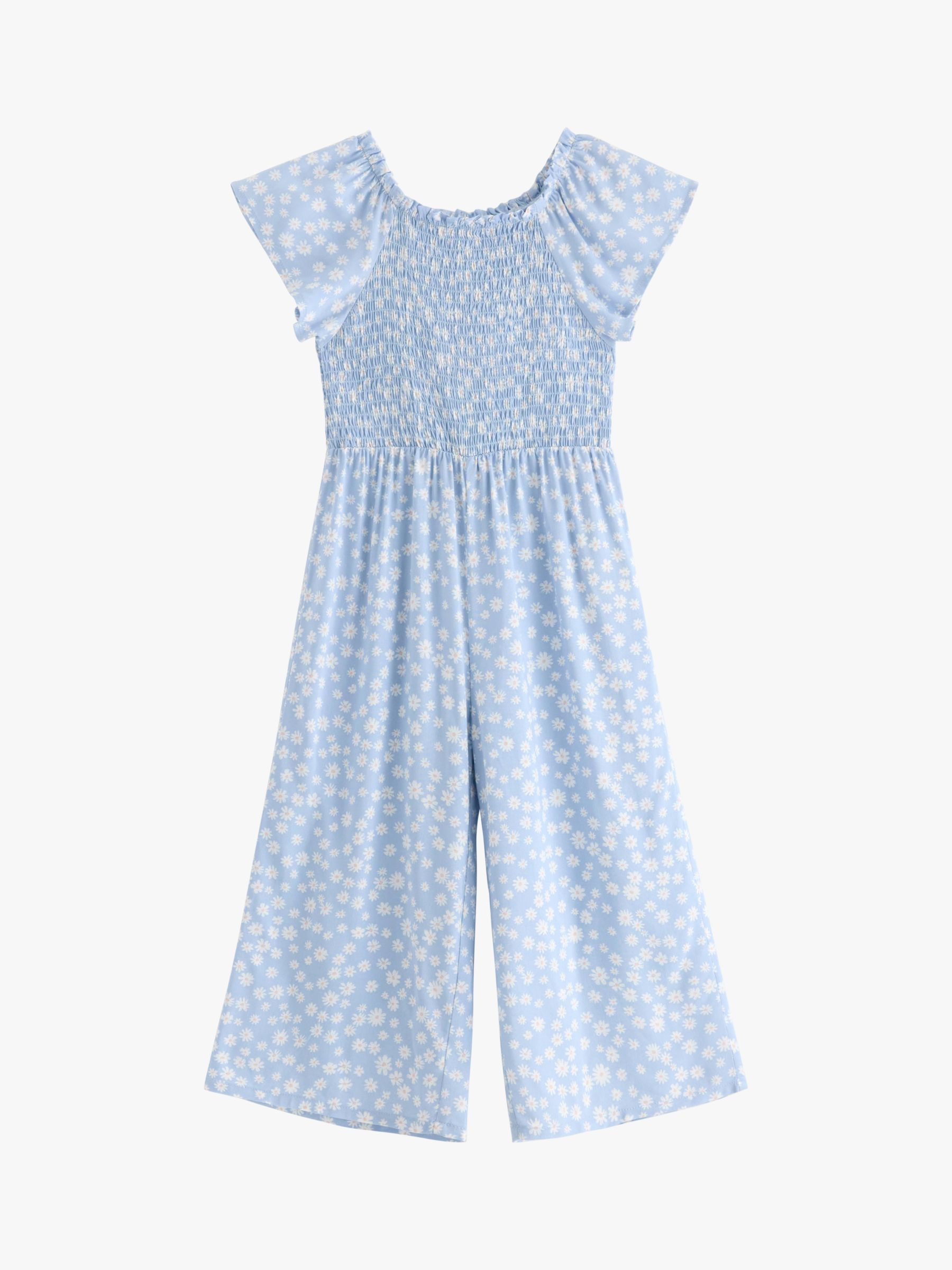 Lindex Kids' Floral Print Smock Jumpsuit, Light Blue, 7-8 years