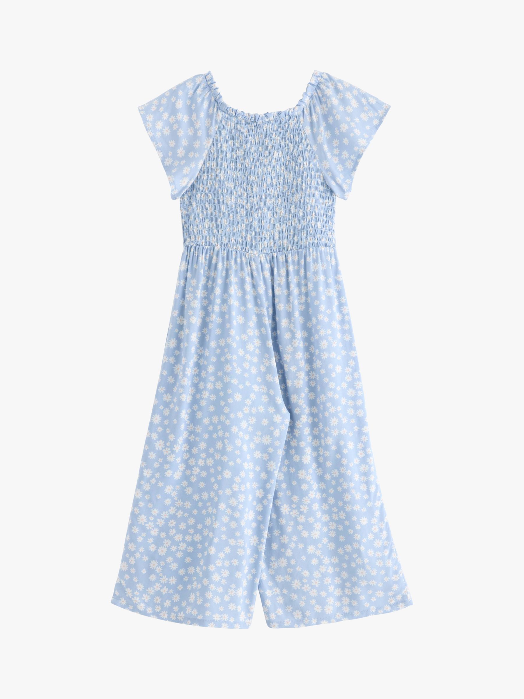 Lindex Kids' Floral Print Smock Jumpsuit, Light Blue, 7-8 years