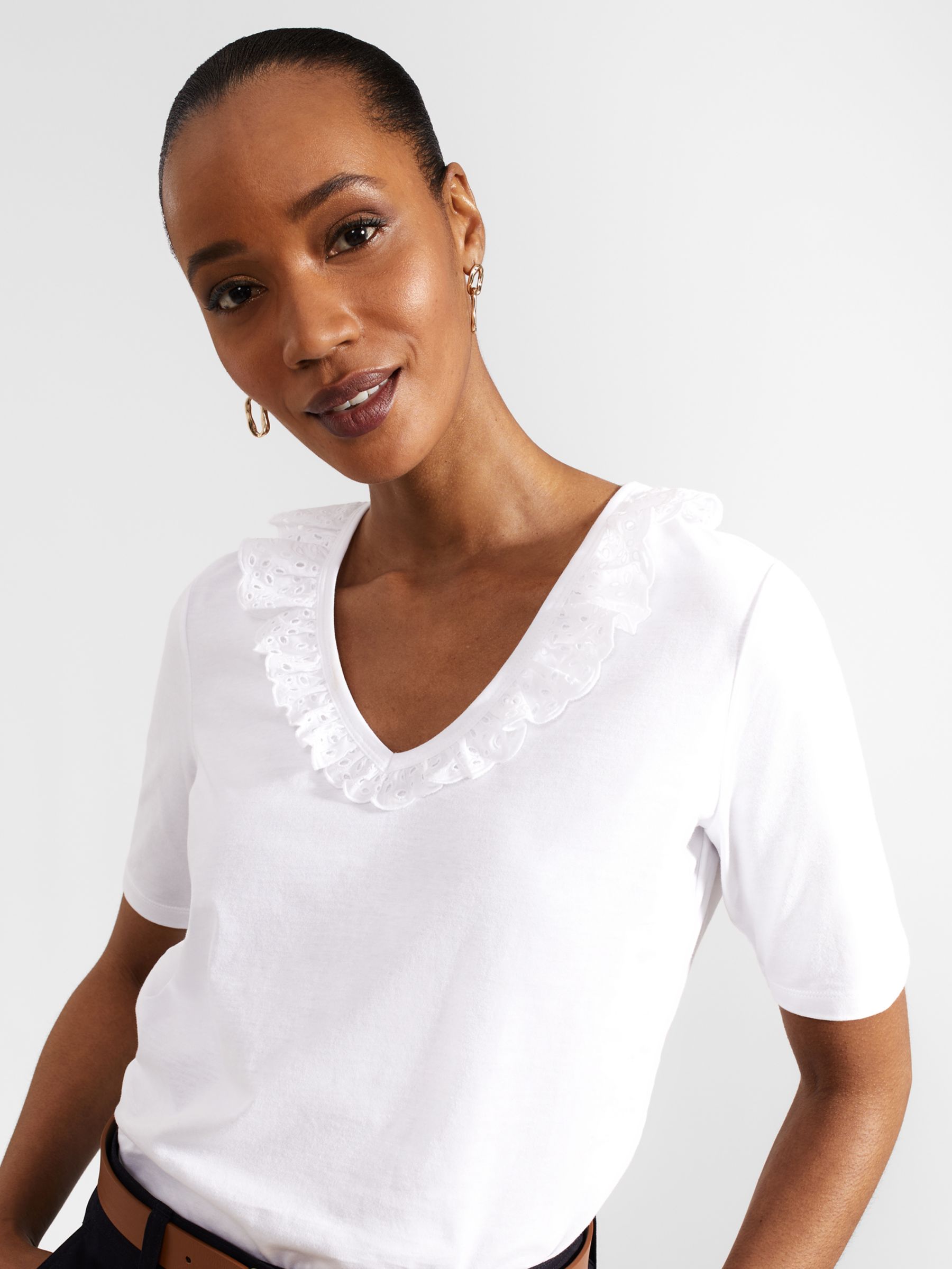 Hobbs Mariella Broderie Ruffle Neck Top, White, S