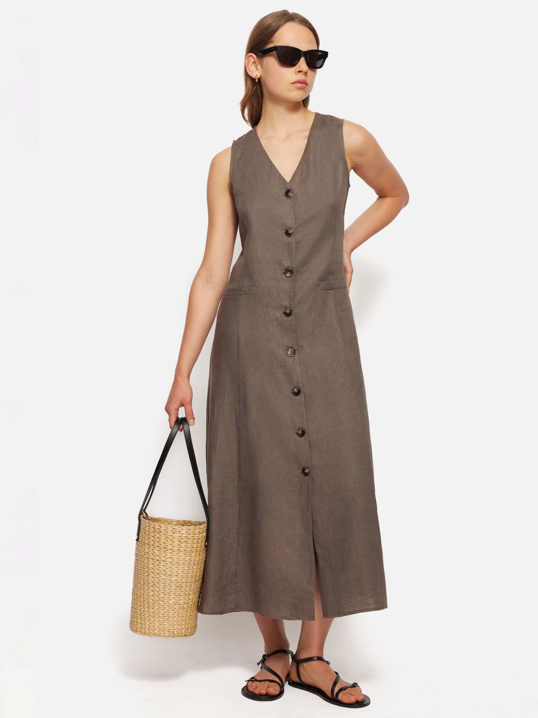 Jigsaw Linen Waistcoat Midi Dress, Brown, 6