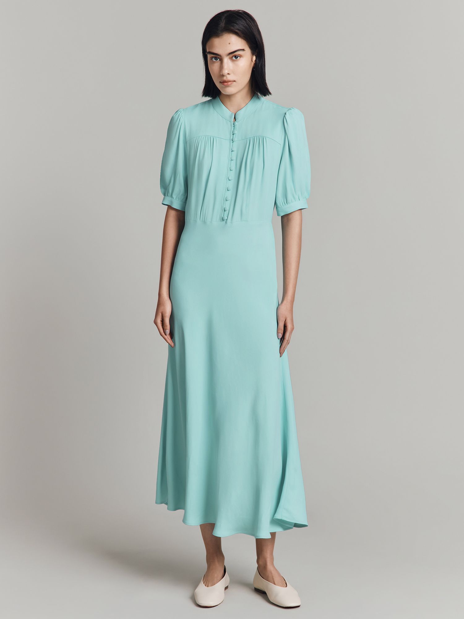Ghost Adele Puff Sleeve Crepe Midaxi Dress, Light Blue, XS