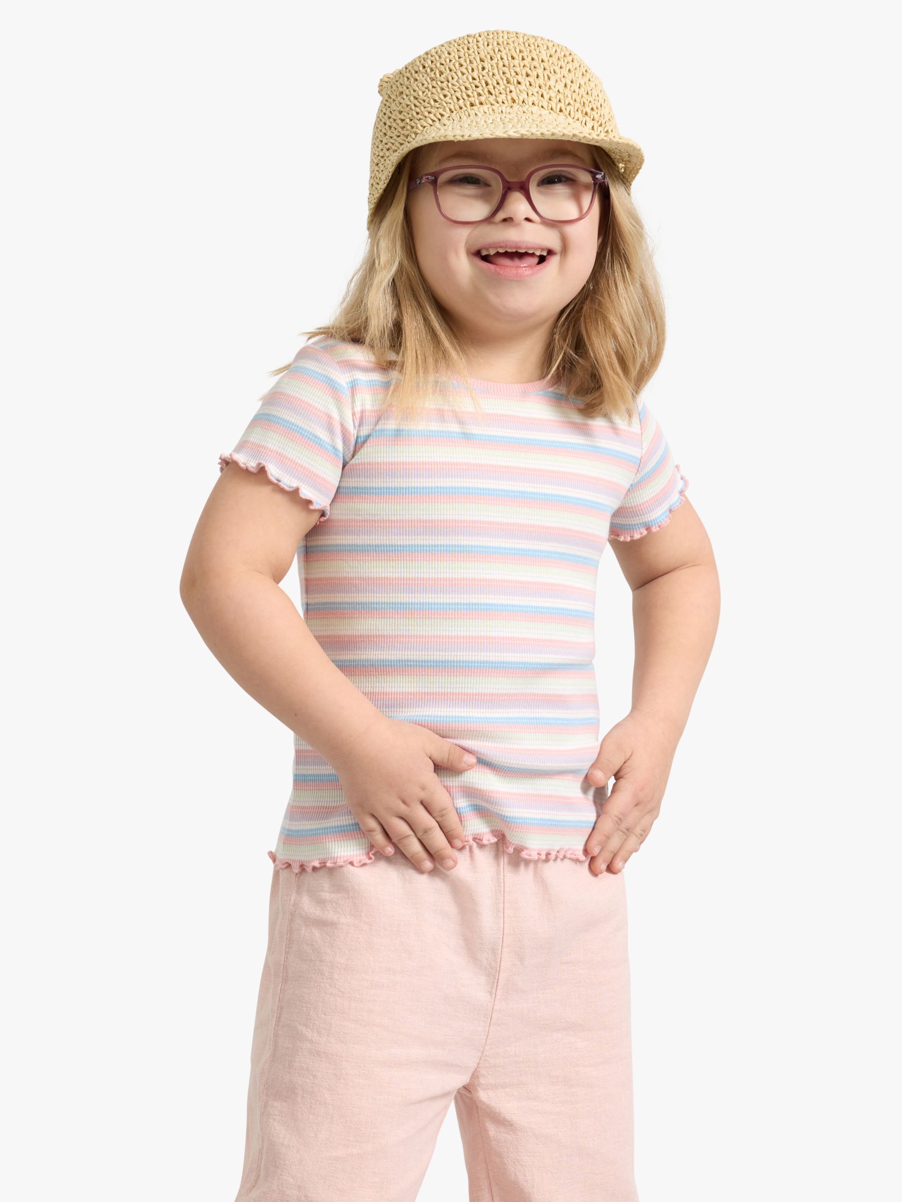 Lindex Kids' Organic Cotton Blend Stripe Ribbed Ruffle Short Sleeve Top, Light Dusty White, 18-24 months