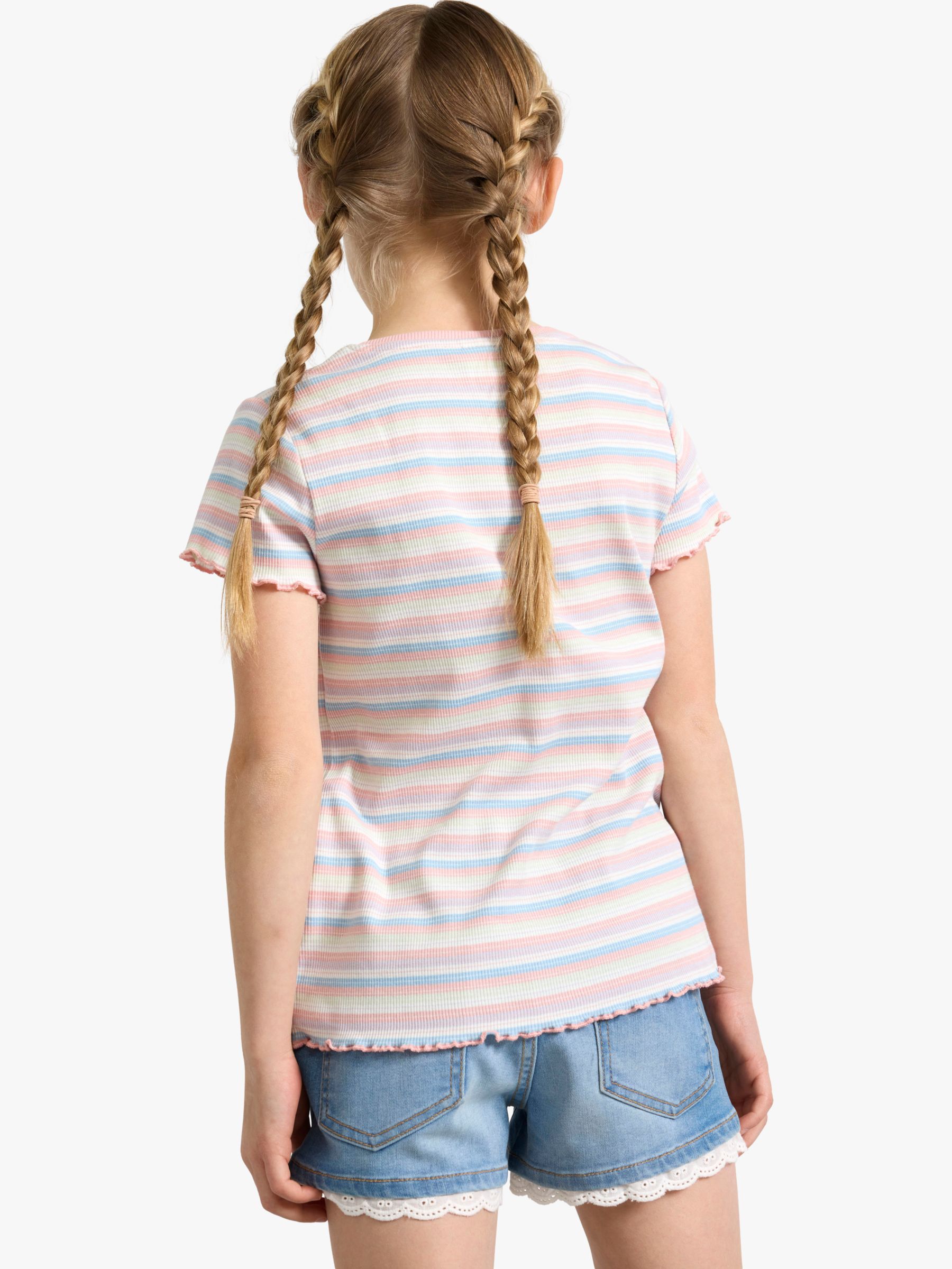 Lindex Kids' Organic Cotton Blend Stripe Ribbed Ruffle Short Sleeve Top, Light Dusty White, 18-24 months