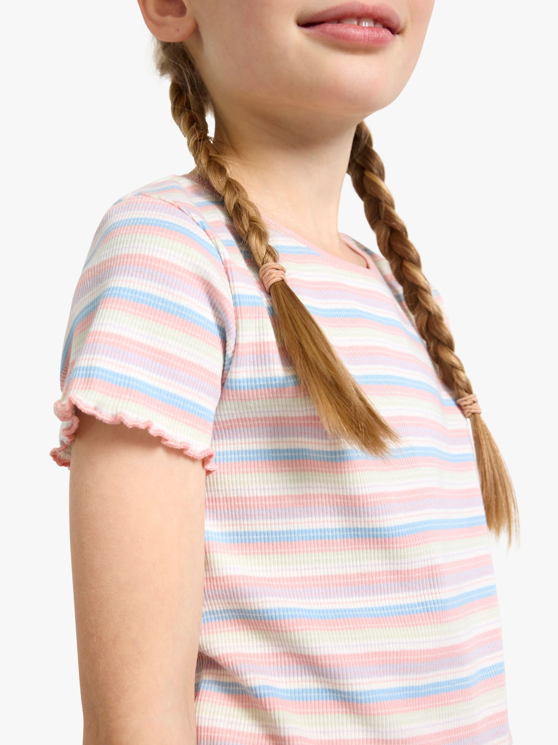 Lindex Kids' Organic Cotton Blend Stripe Ribbed Ruffle Short Sleeve Top, Light Dusty White, 18-24 months