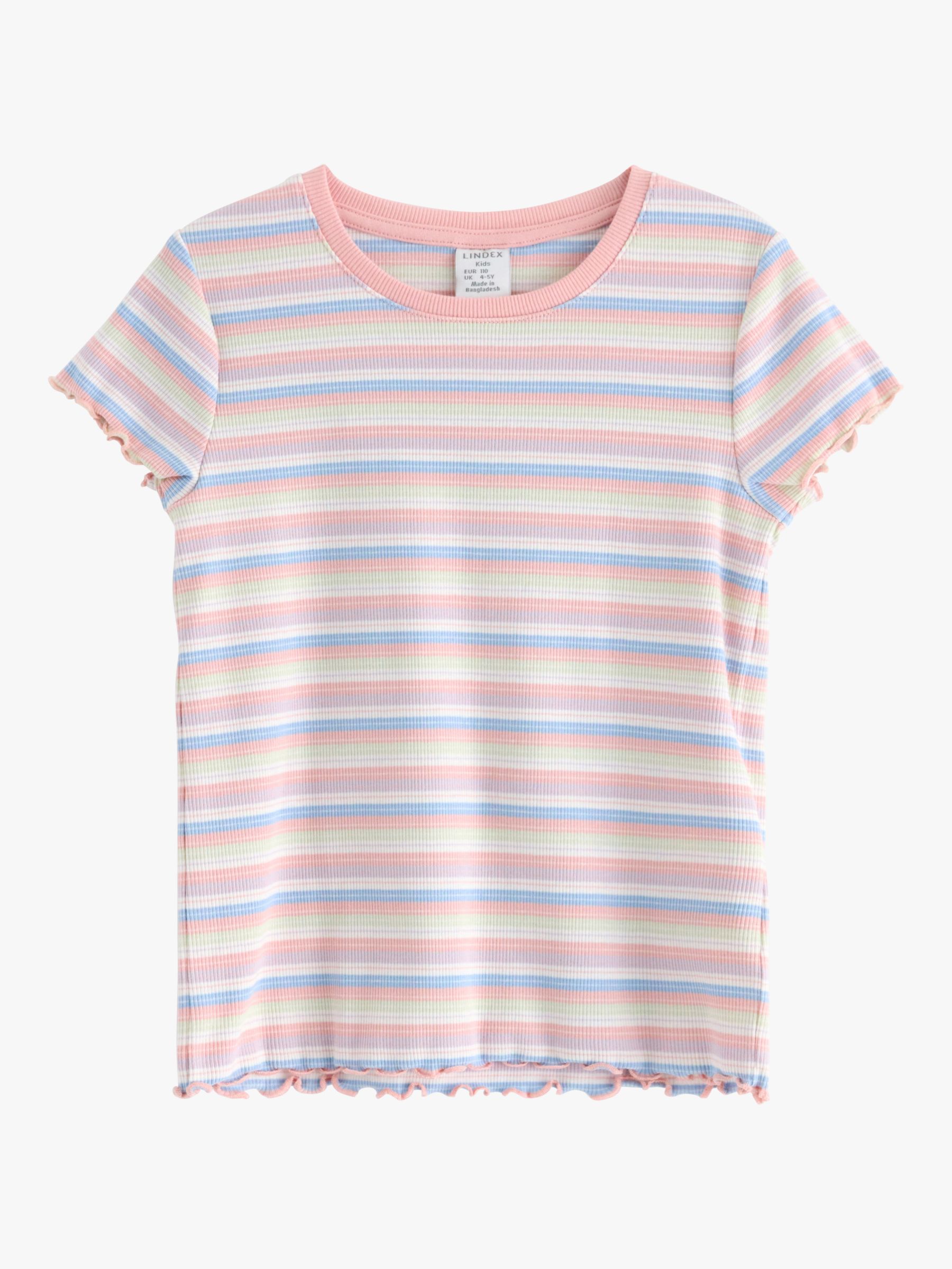 Lindex Kids' Organic Cotton Blend Stripe Ribbed Ruffle Short Sleeve Top, Light Dusty White, 18-24 months