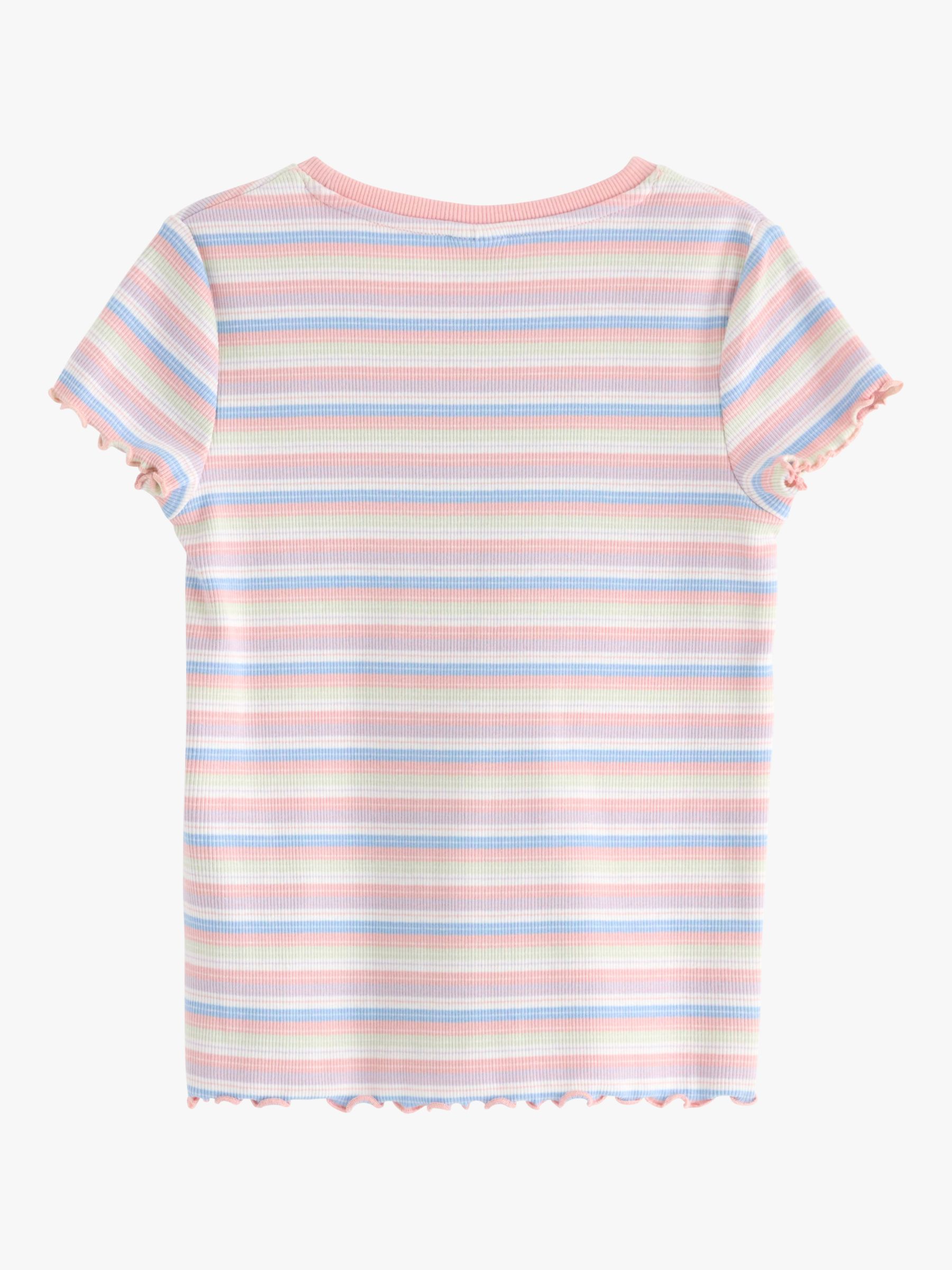 Lindex Kids' Organic Cotton Blend Stripe Ribbed Ruffle Short Sleeve Top, Light Dusty White, 18-24 months