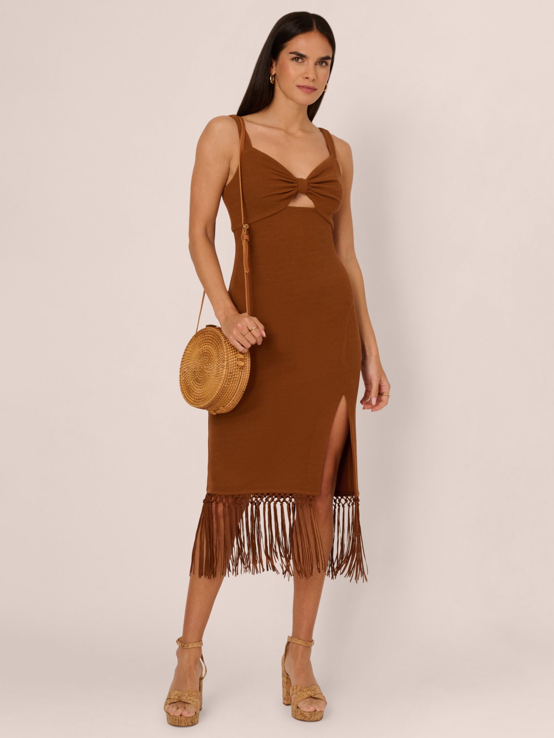 Adrianna Papell Knit Fringe Trim Midi Dress, Cinnamon, 6