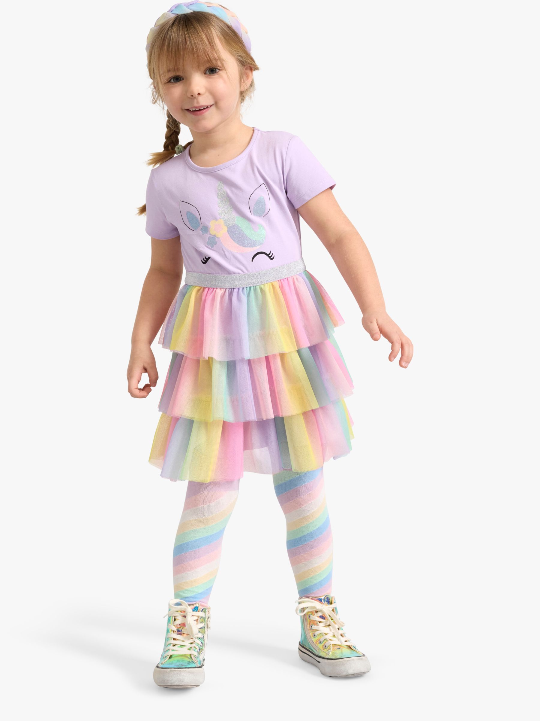 Lindex Kids' Unicorn Print Rainbow Short Sleeve Dress, Light Lilac/Multi, 18-24 months