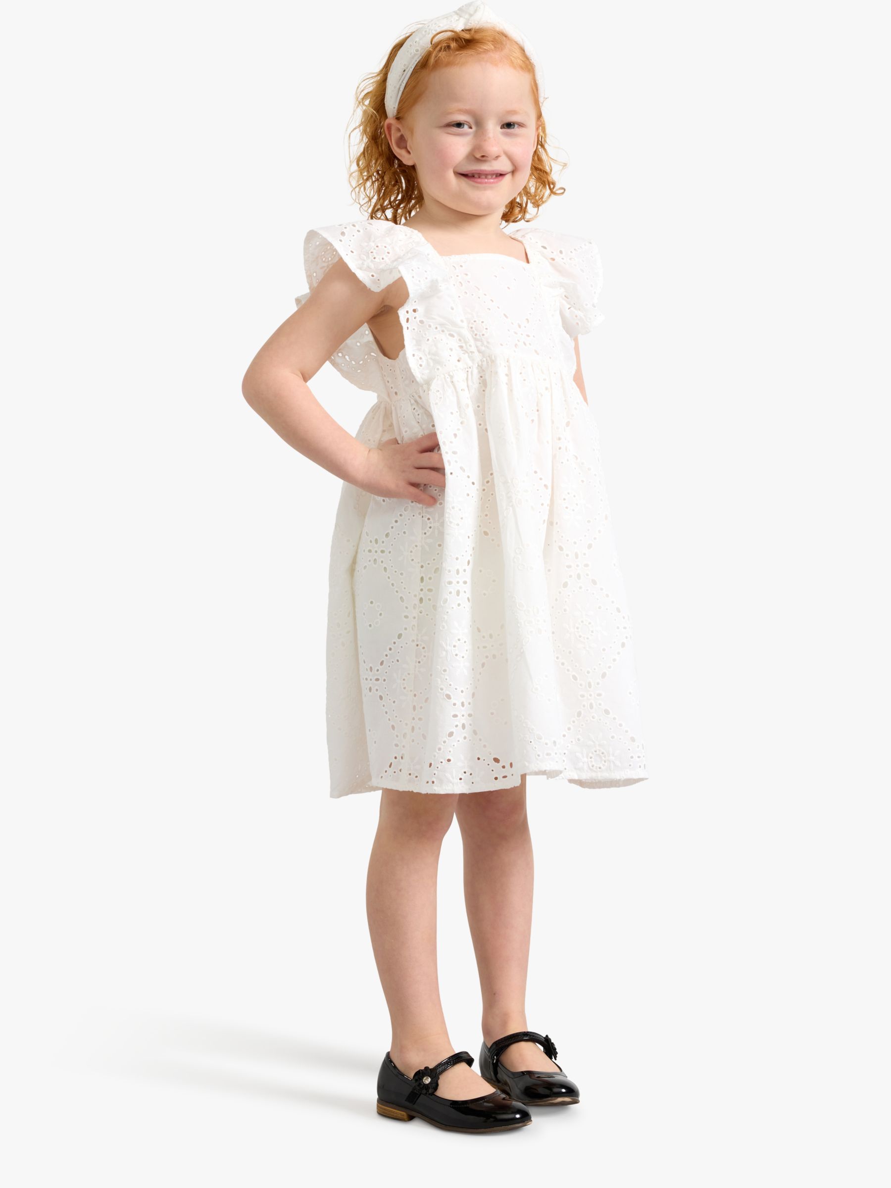 Lindex Kids' Embroidery Anglais Frill Sleeve Dress, Off White, 18-24 months