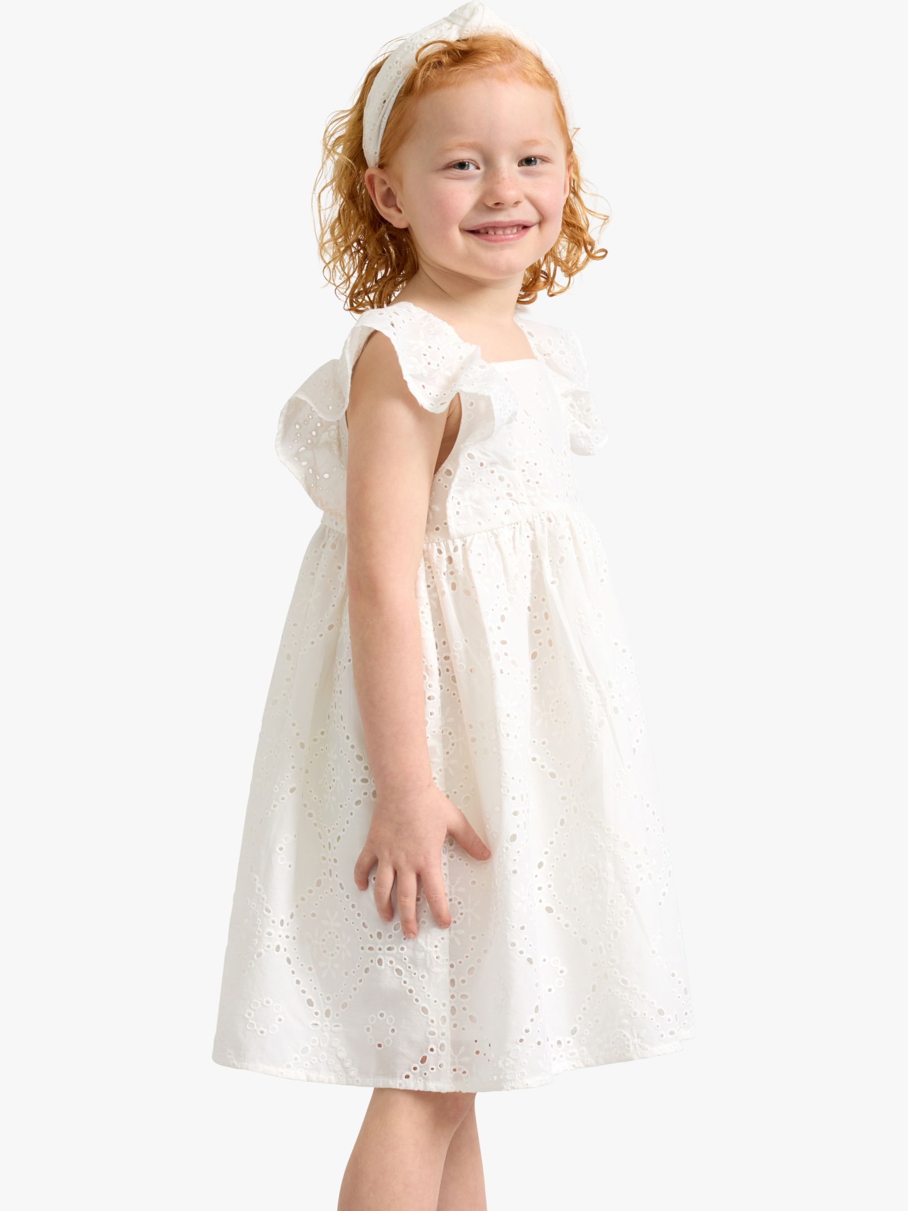 Lindex Kids' Embroidery Anglais Frill Sleeve Dress, Off White, 18-24 months