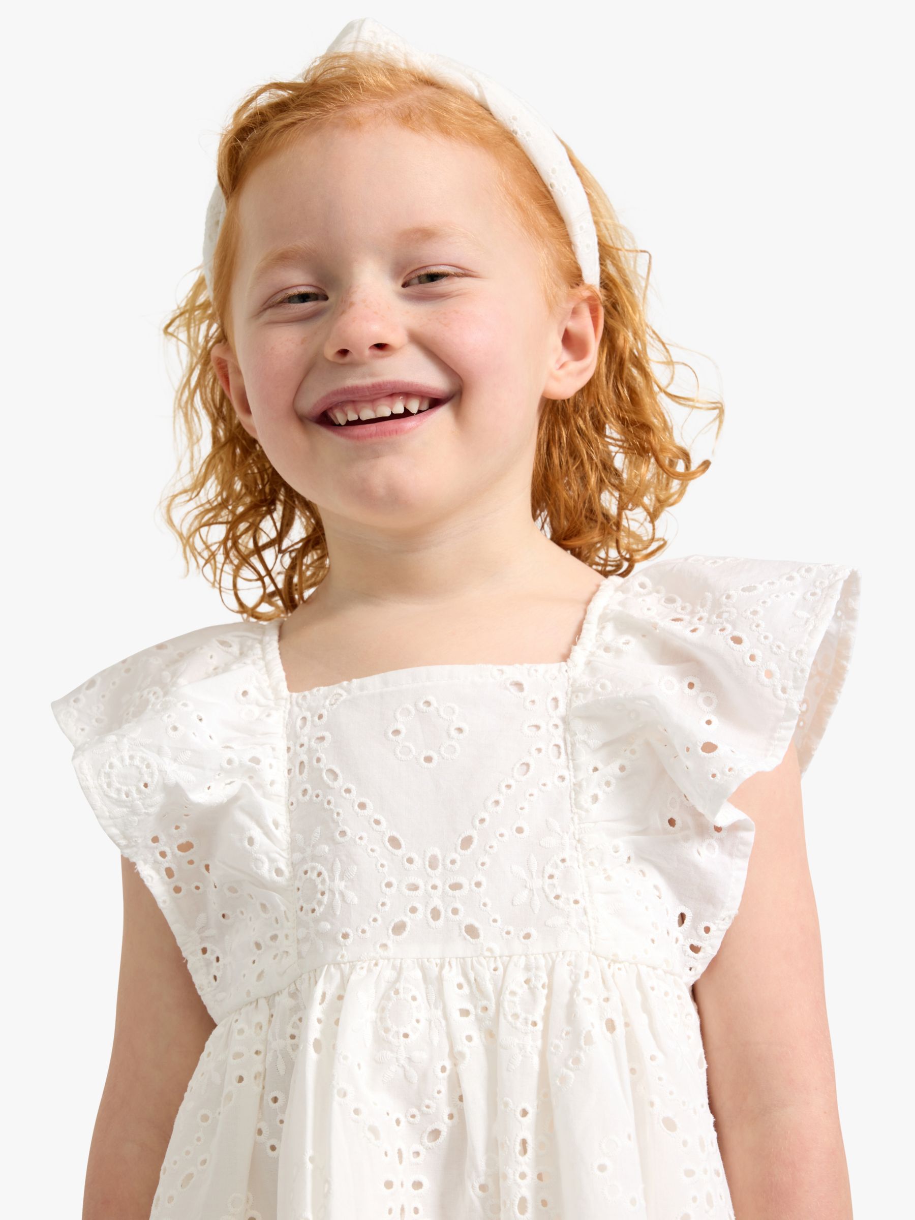 Lindex Kids' Embroidery Anglais Frill Sleeve Dress, Off White, 18-24 months