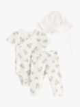 Lindex Baby Organic Cotton Blend Floral Print Wrap Bodysuit, Trousers, & Hat Set, Light Dusty White