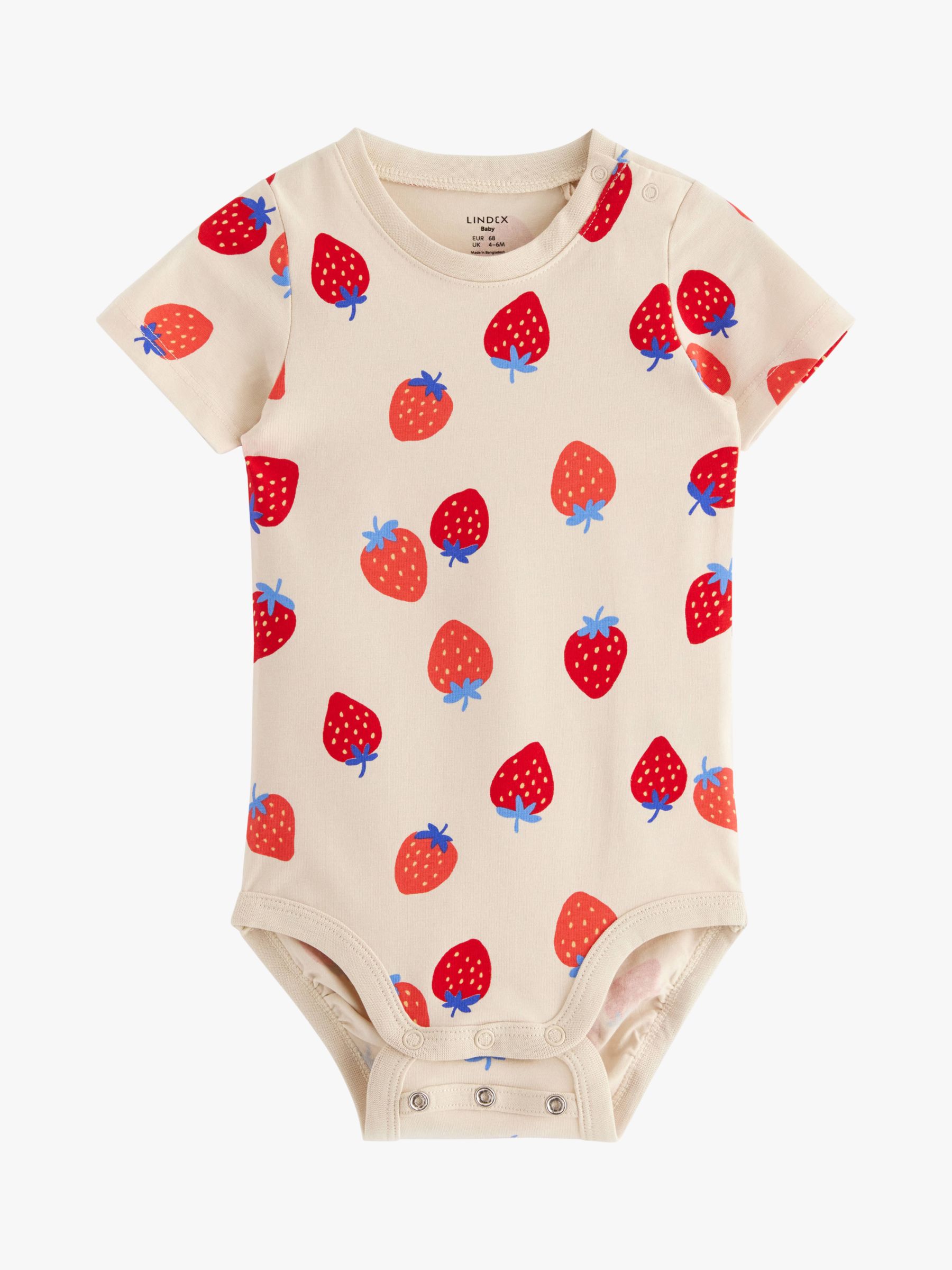 Lindex Baby Organic Cotton Blend Strawberry Print Bodysuit, Light Beige, 4-6 months