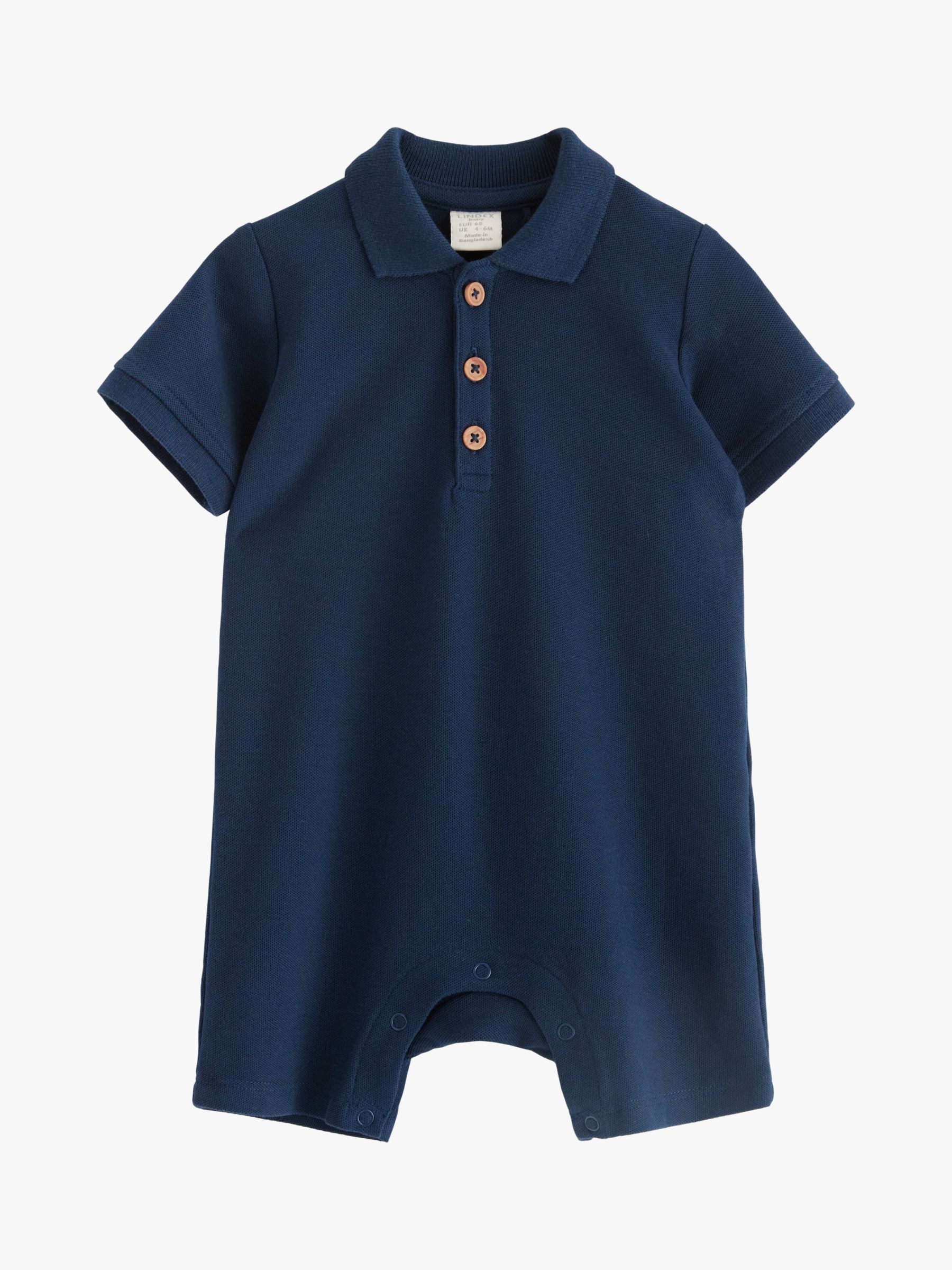 Lindex Baby Organic Cotton Collar Button Detail Romper, Dark Blue, 12-18 months