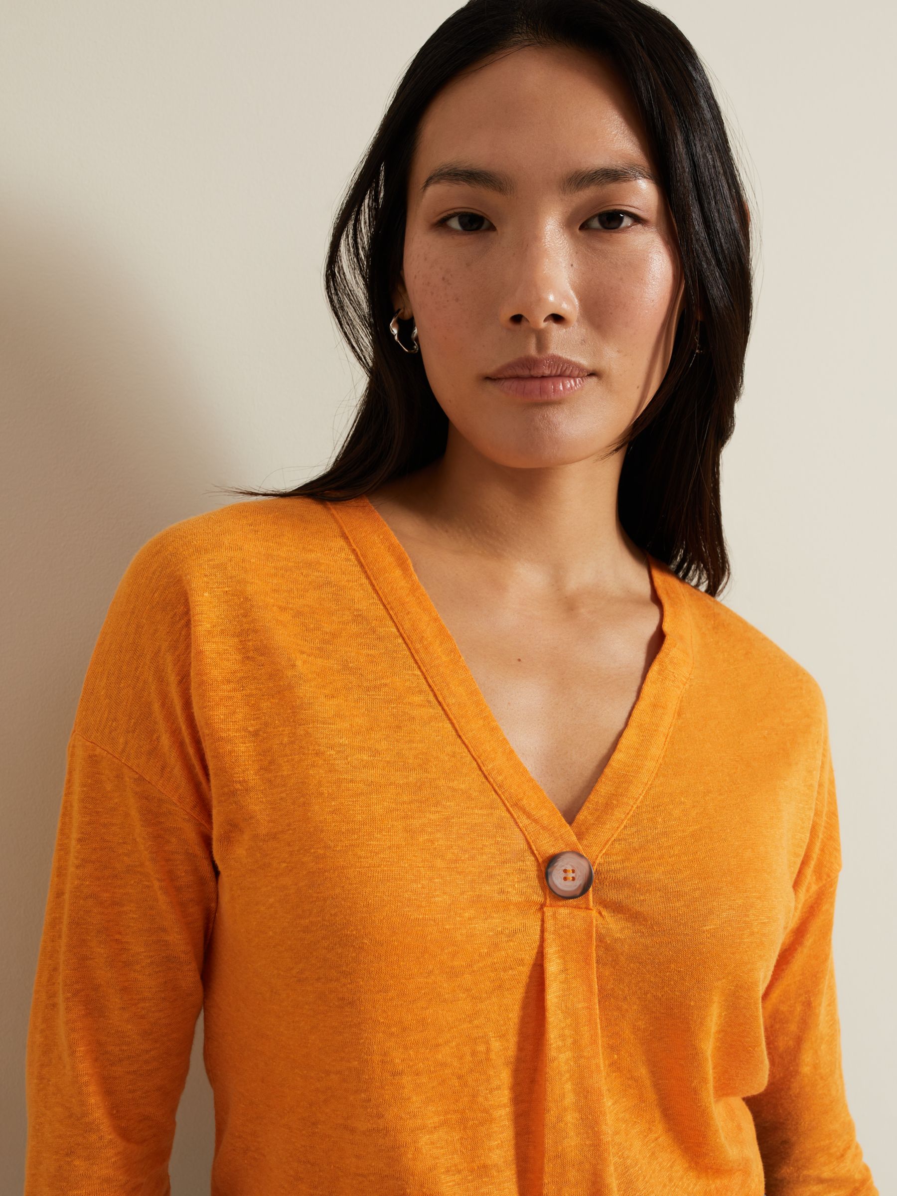 Phase Eight Leah 3/4 Sleeve Linen Top, Orange, 8