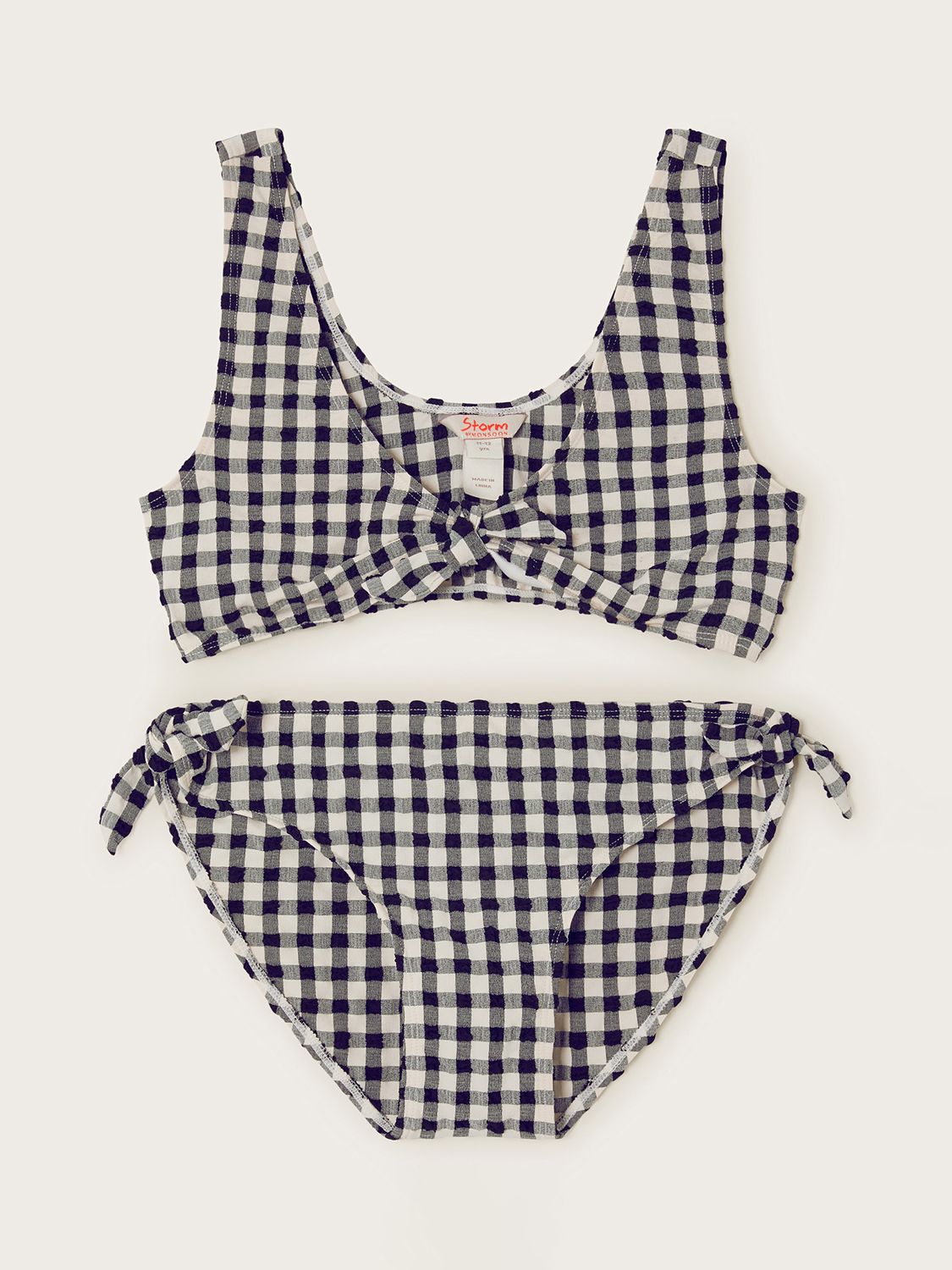 Monsoon Kids' Storm Gingham Tie Detail Bikini, Black, 11-12 years