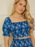 Yumi Cotton Floral Print Ruched Crop Top, Blue/Multi