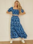 Yumi Organic Cotton Floral Ruched Waist Maxi Skirt, Blue/Multi