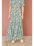 Yumi Organic Cotton Palm Leaf Print Ruched Waist Maxi Skirt, Green