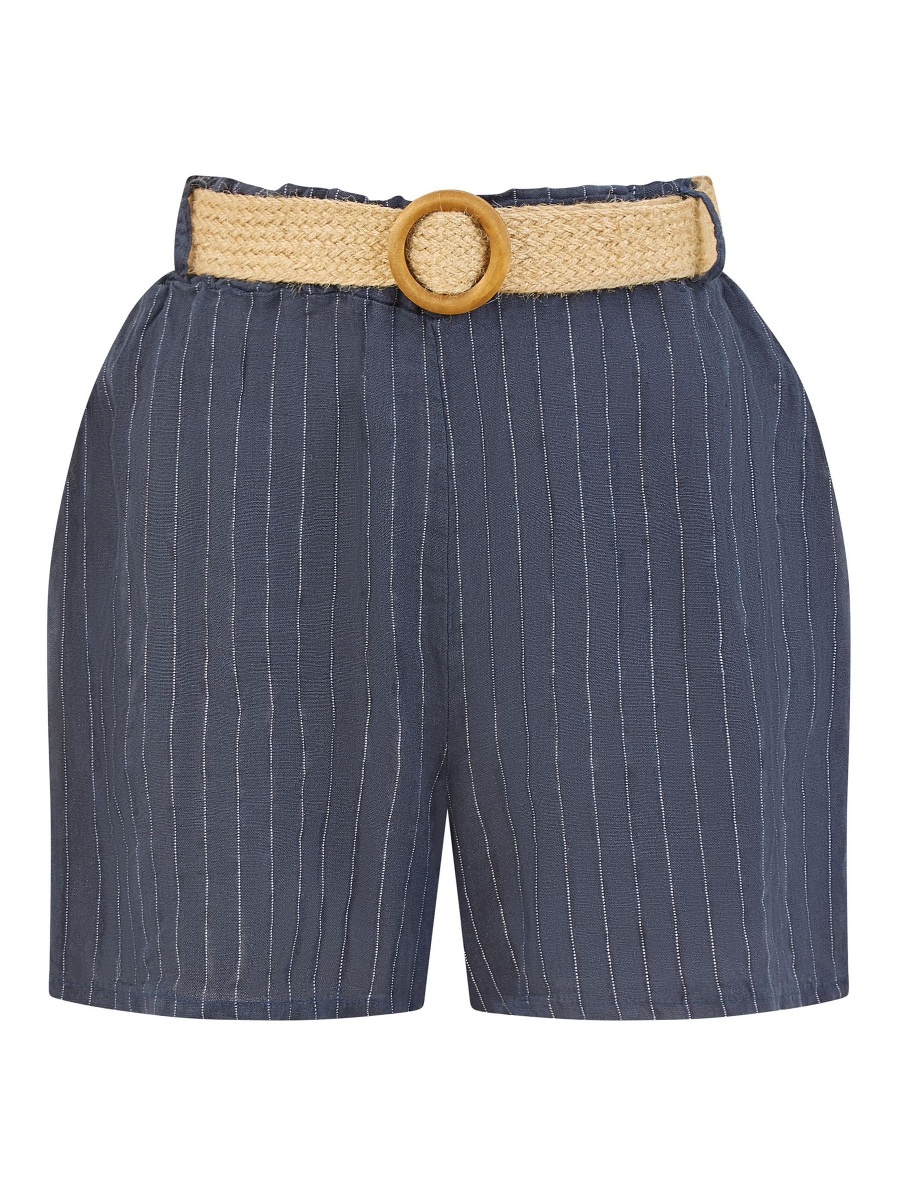 Yumi Stripe Italian Linen Shorts, Navy, S