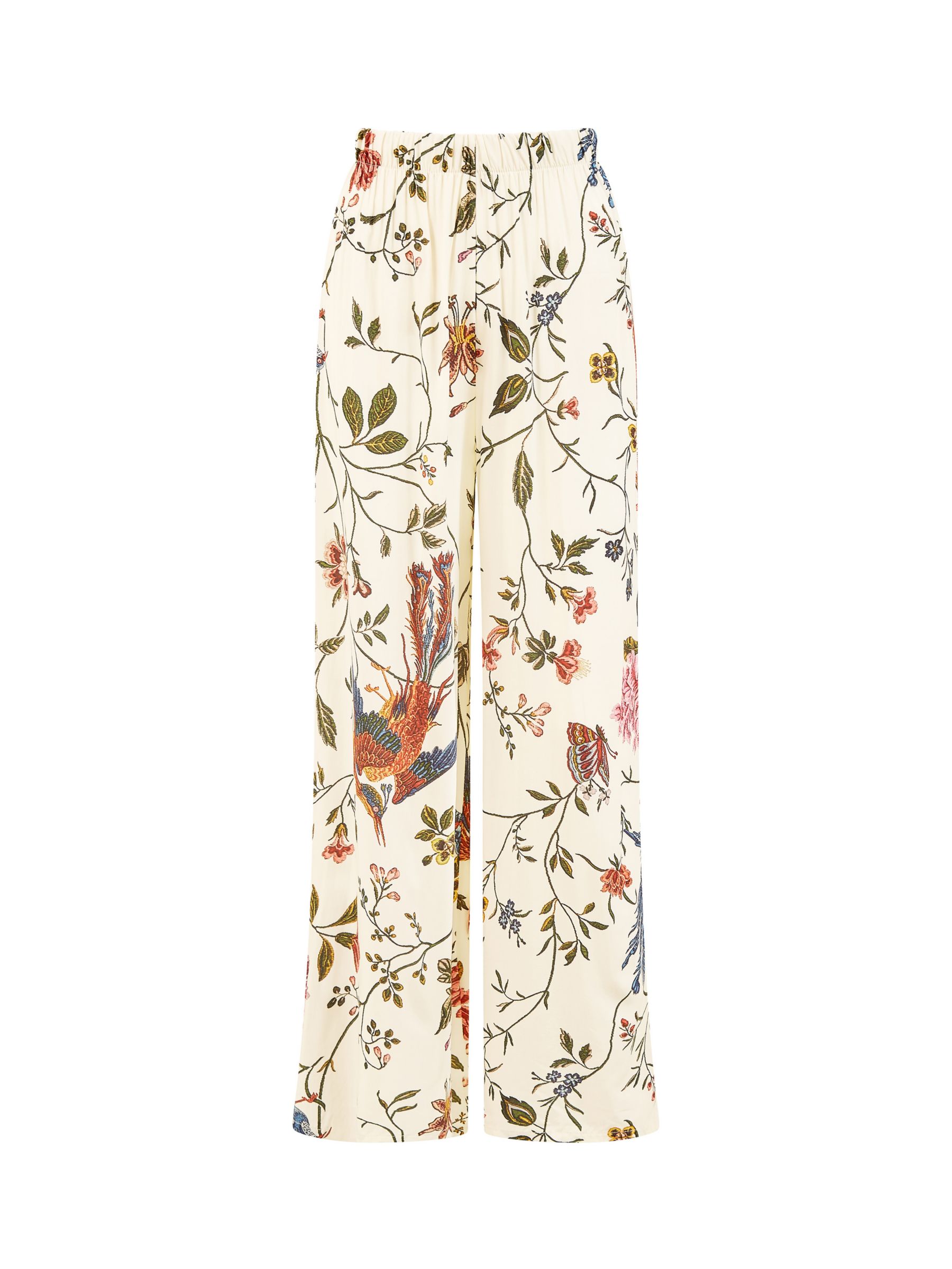 Yumi Bird and Floral Print Wide Leg Trousers, White/Multi, 8